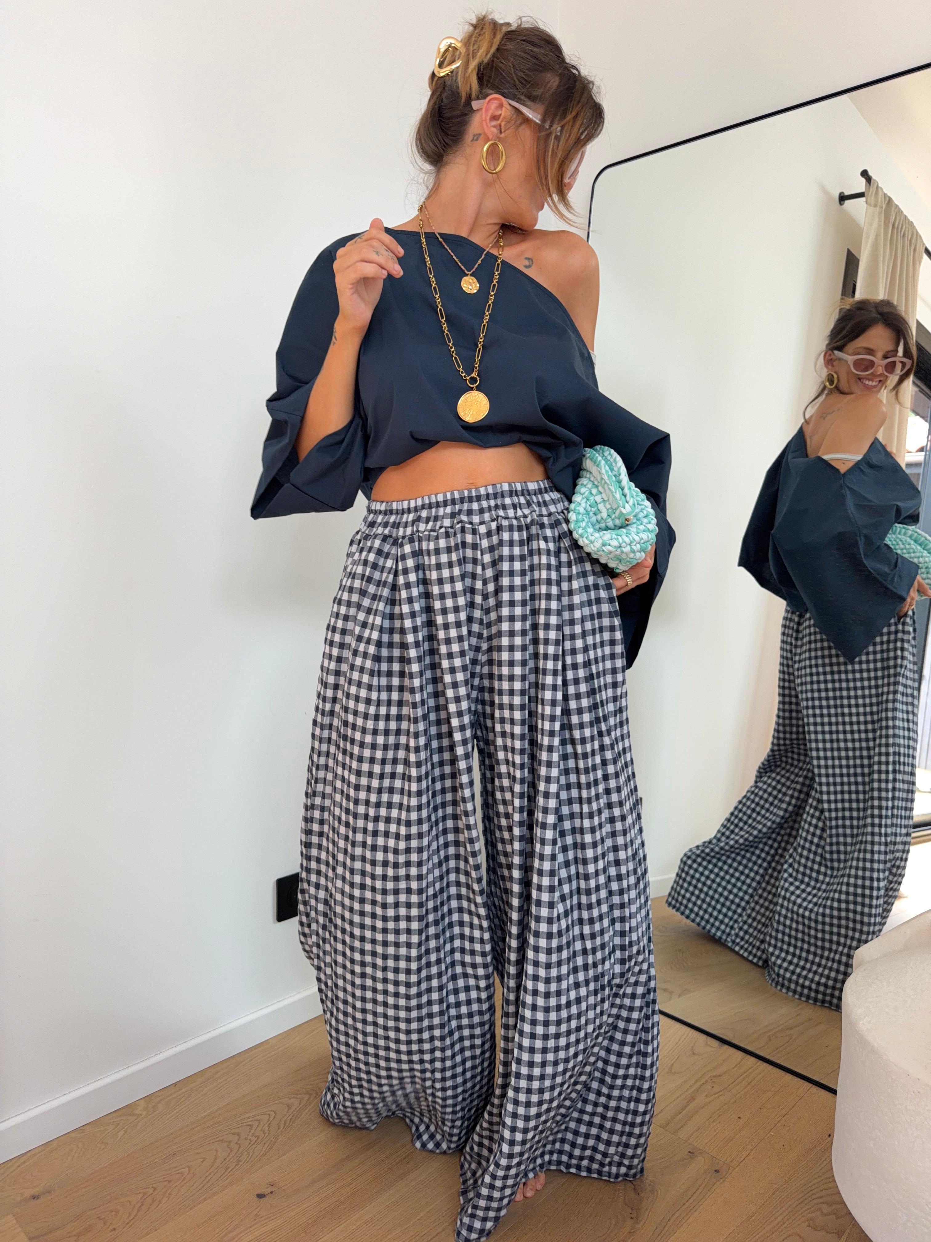 Pantalon large à carreaux - bleu marine