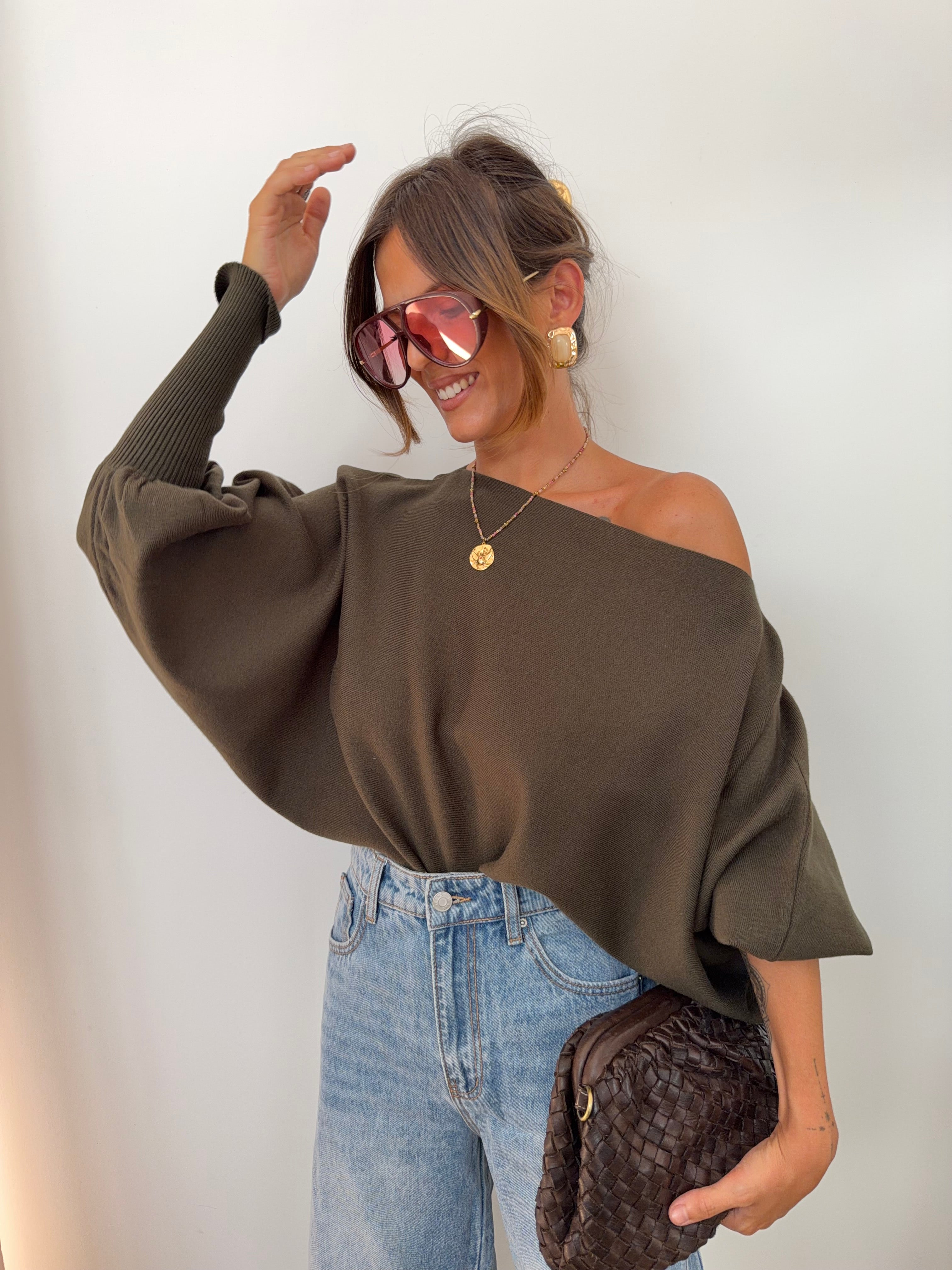 Pull asymétrique court - kaki