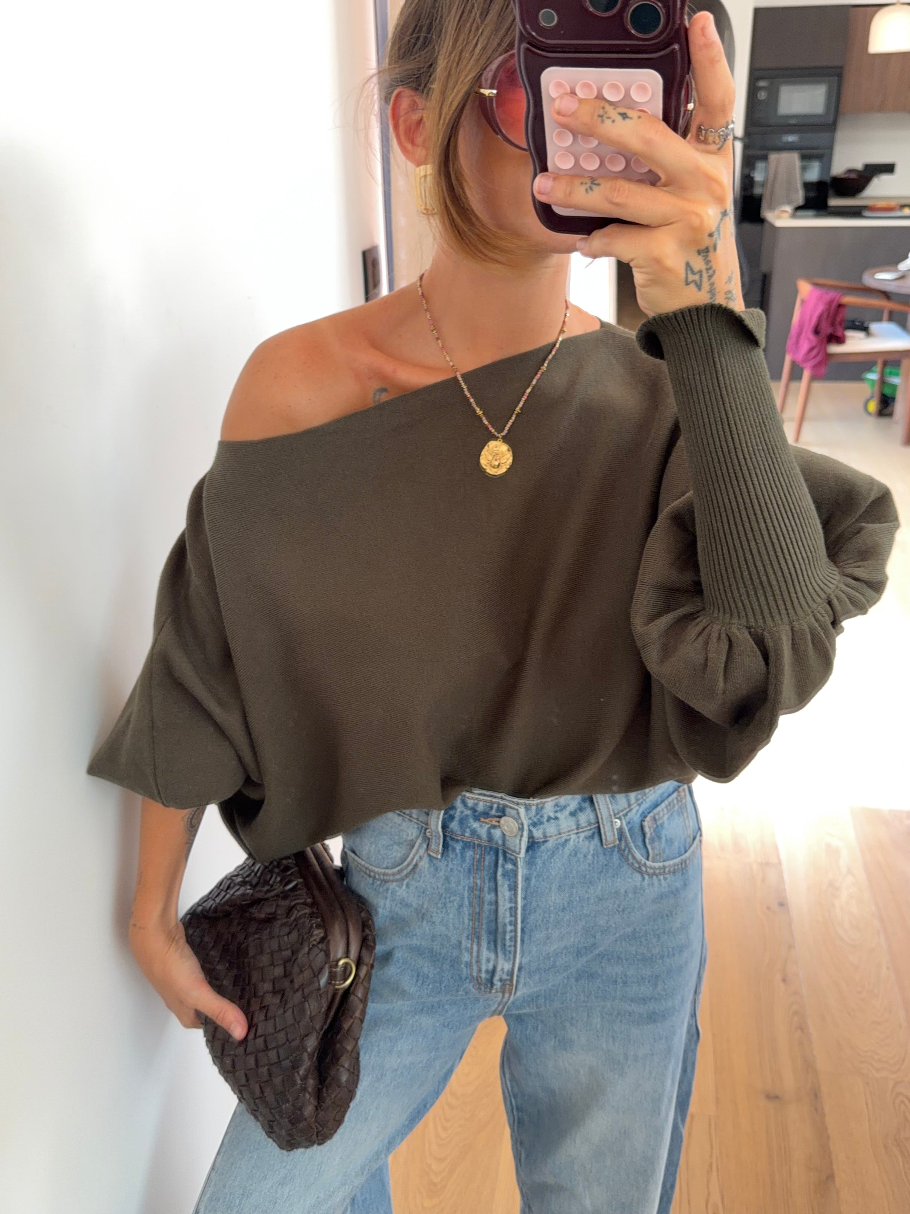 Pull asymétrique court - kaki