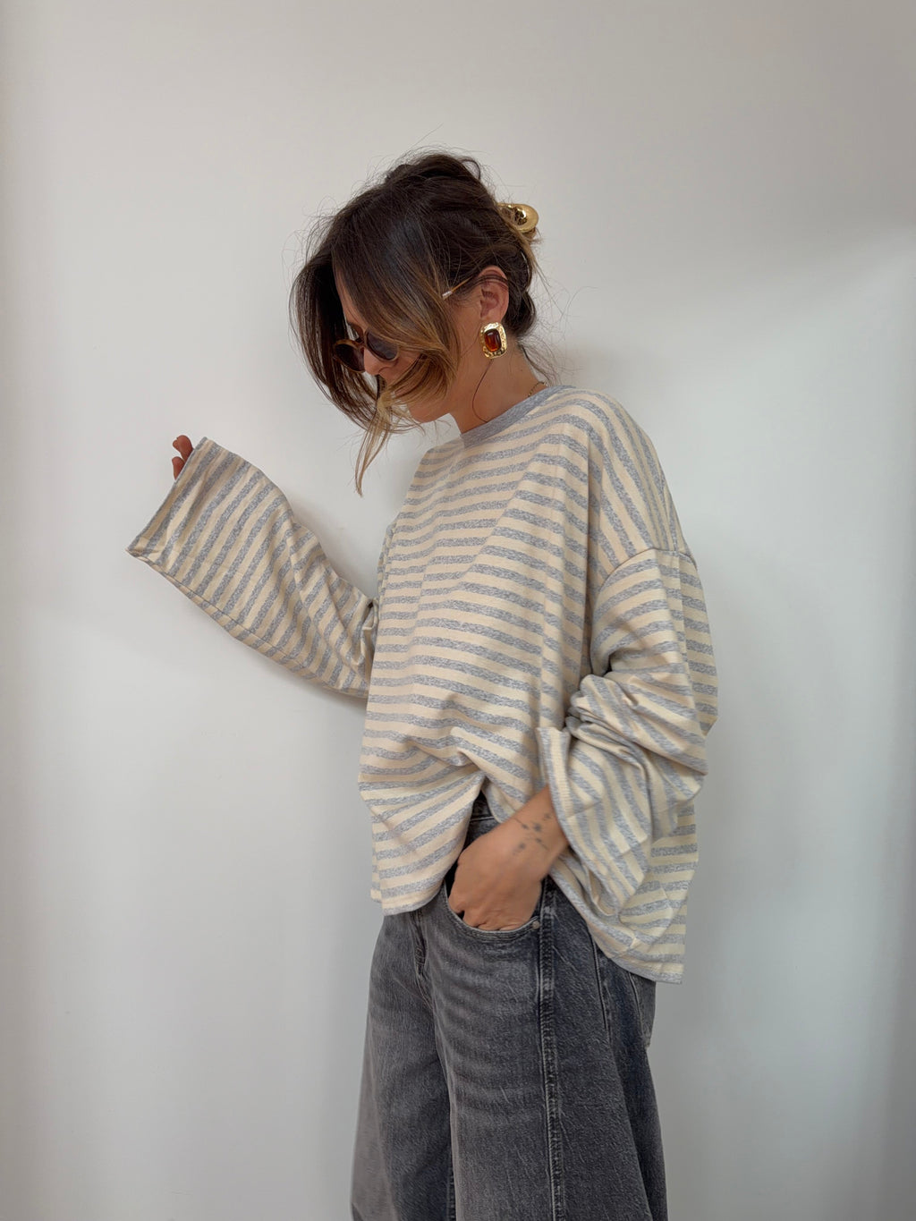 T-shirt manches longues rayé - gris et beige