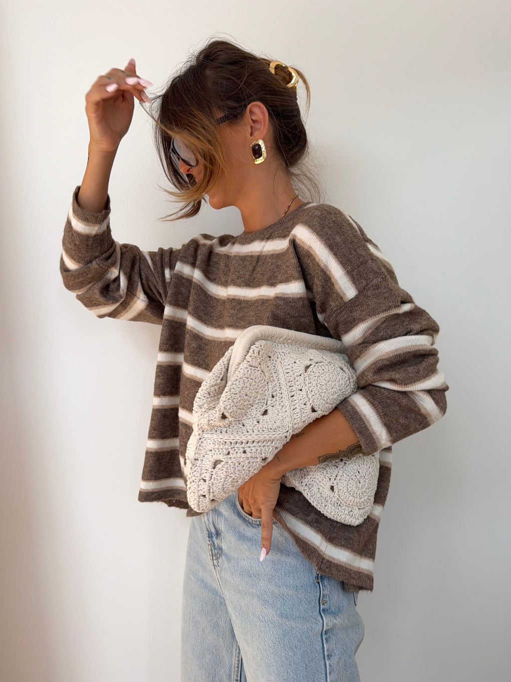 Pull rayé avec noeud - beige