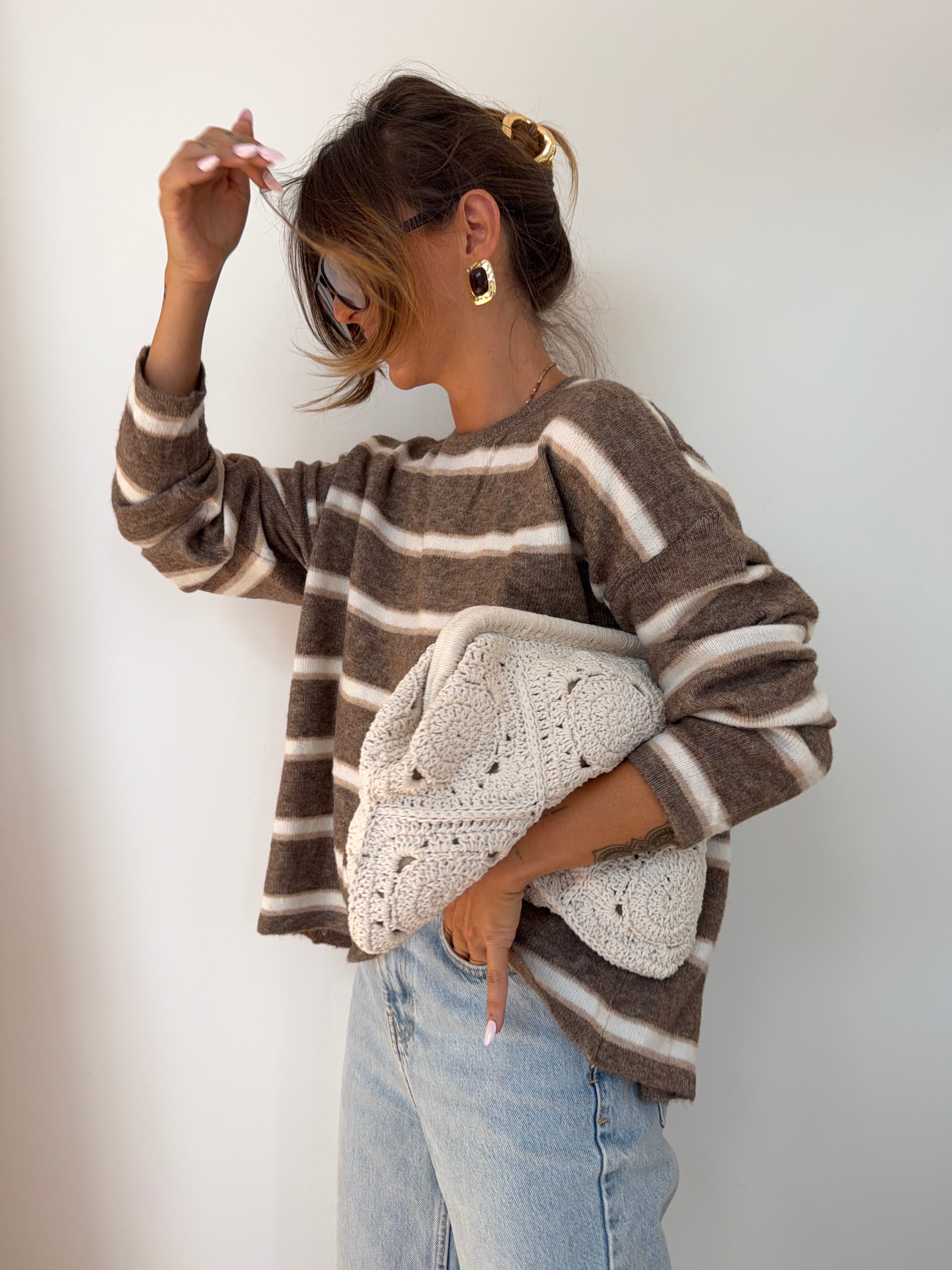 Pull rayé avec noeud - beige