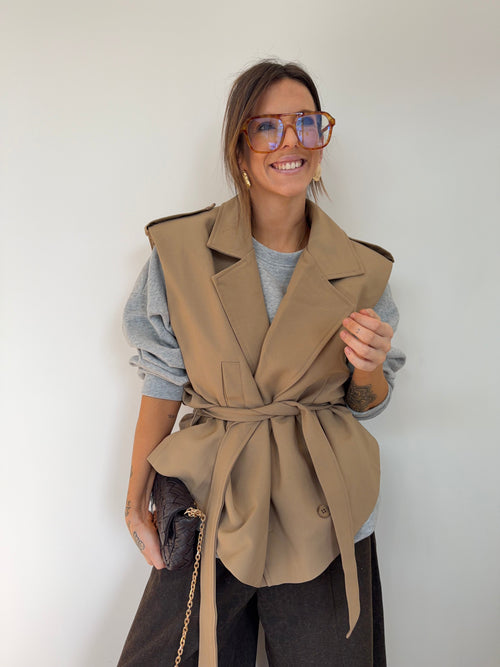 Blazer sans manche ceinturé - camel