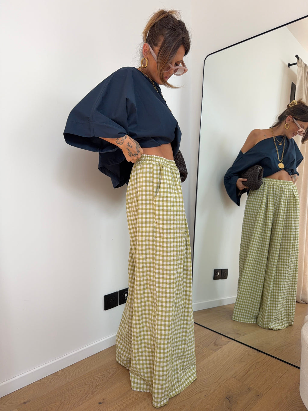 Pantalon large à carreaux - vert anis