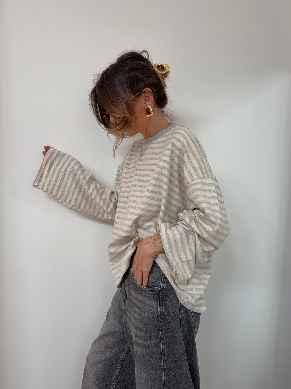 T-shirt manches longues rayé - gris et beige