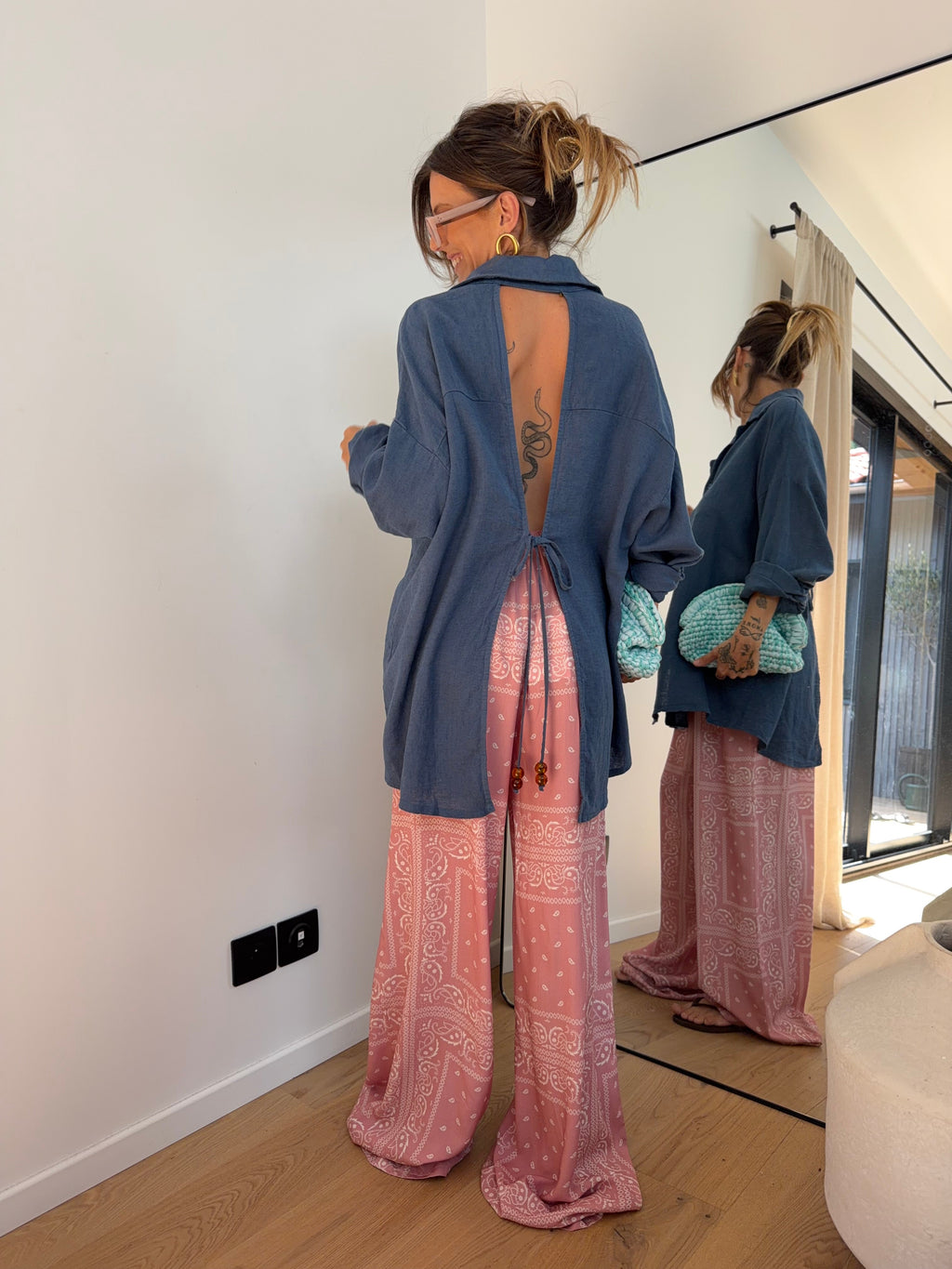 Chemise dos nu en lin - bleue