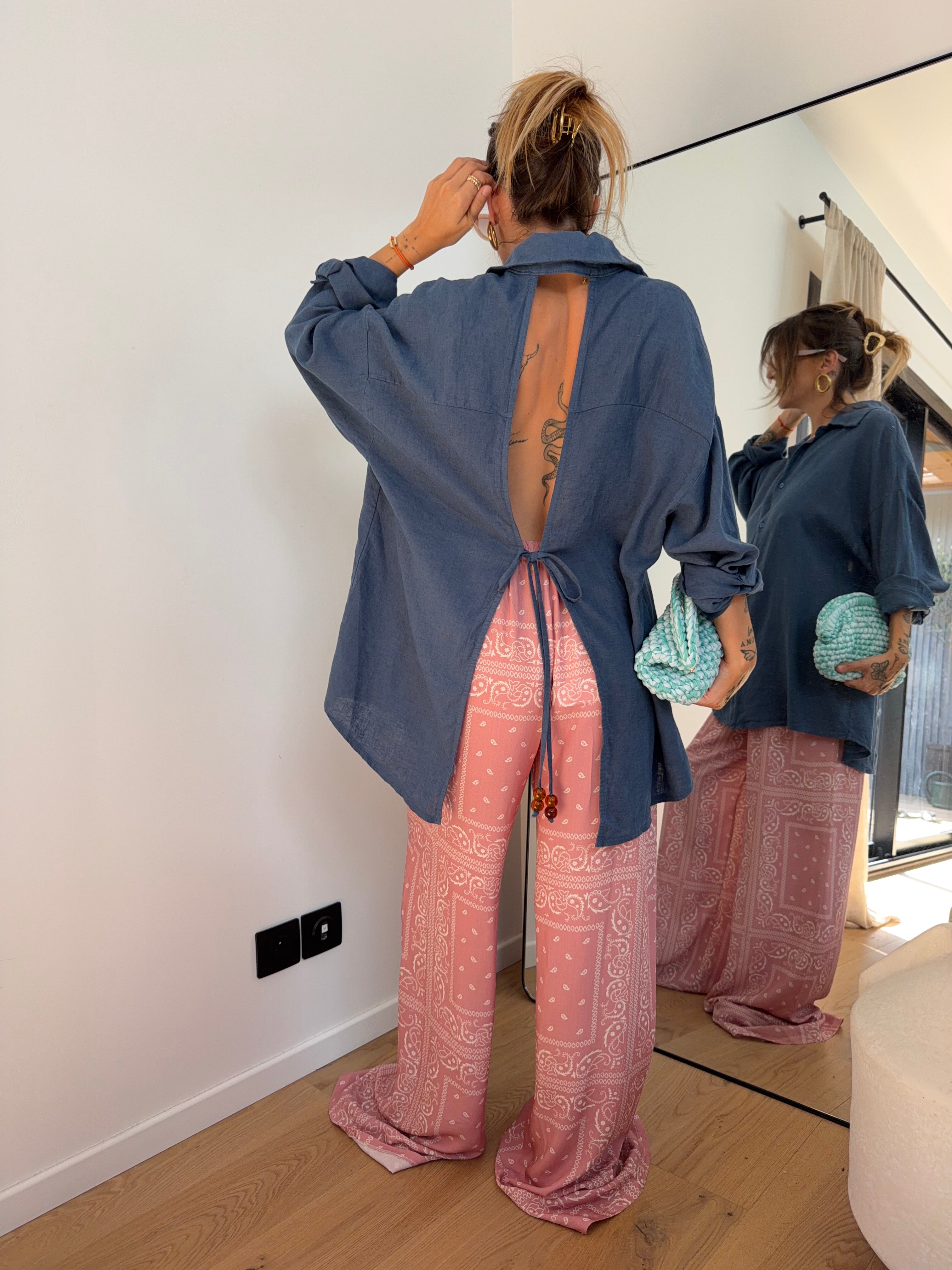 Chemise dos nu en lin - bleue