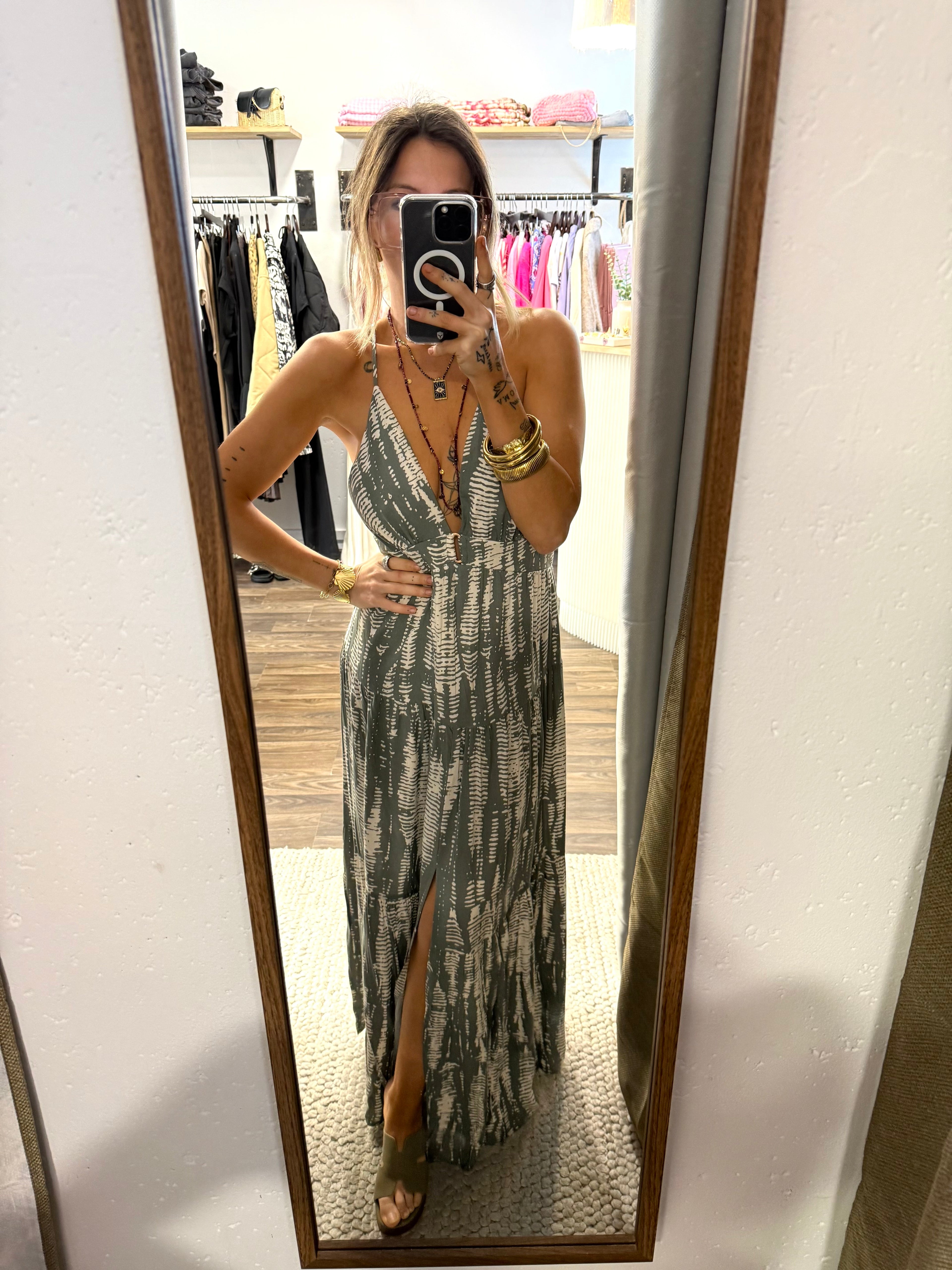 Robe dos nu à motifs - kaki