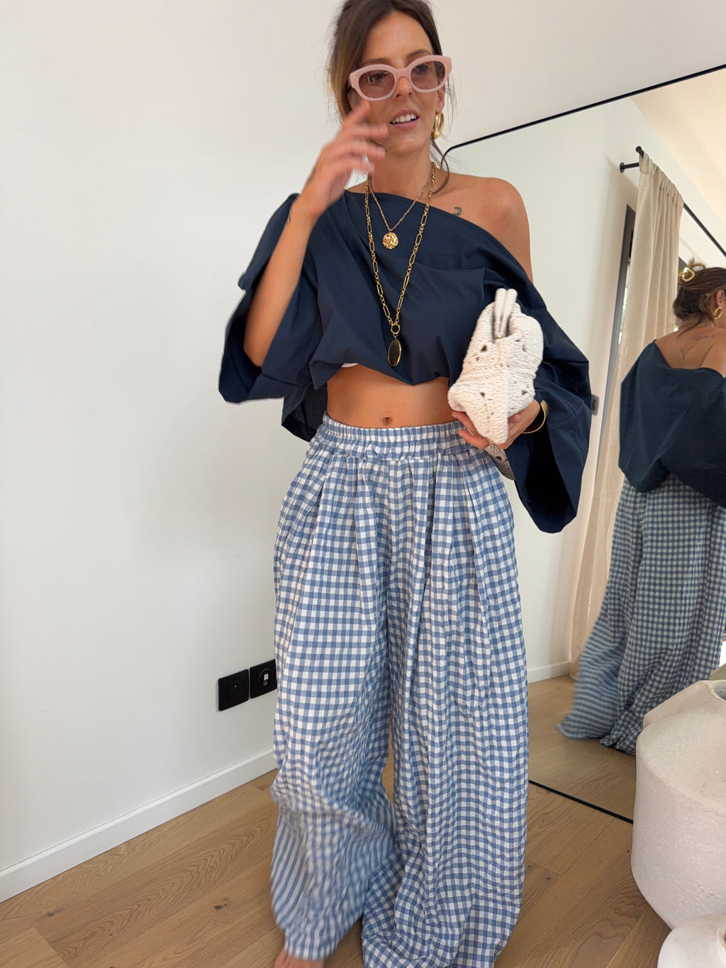 Pantalon large à carreaux - bleu clair