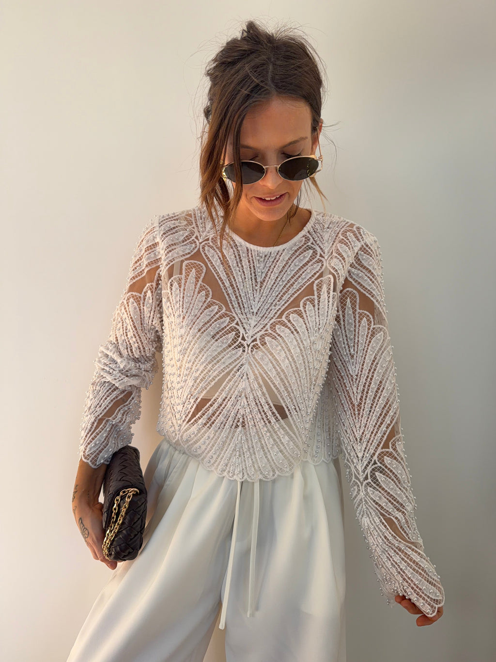 Haut dentelle et perles - blanc
