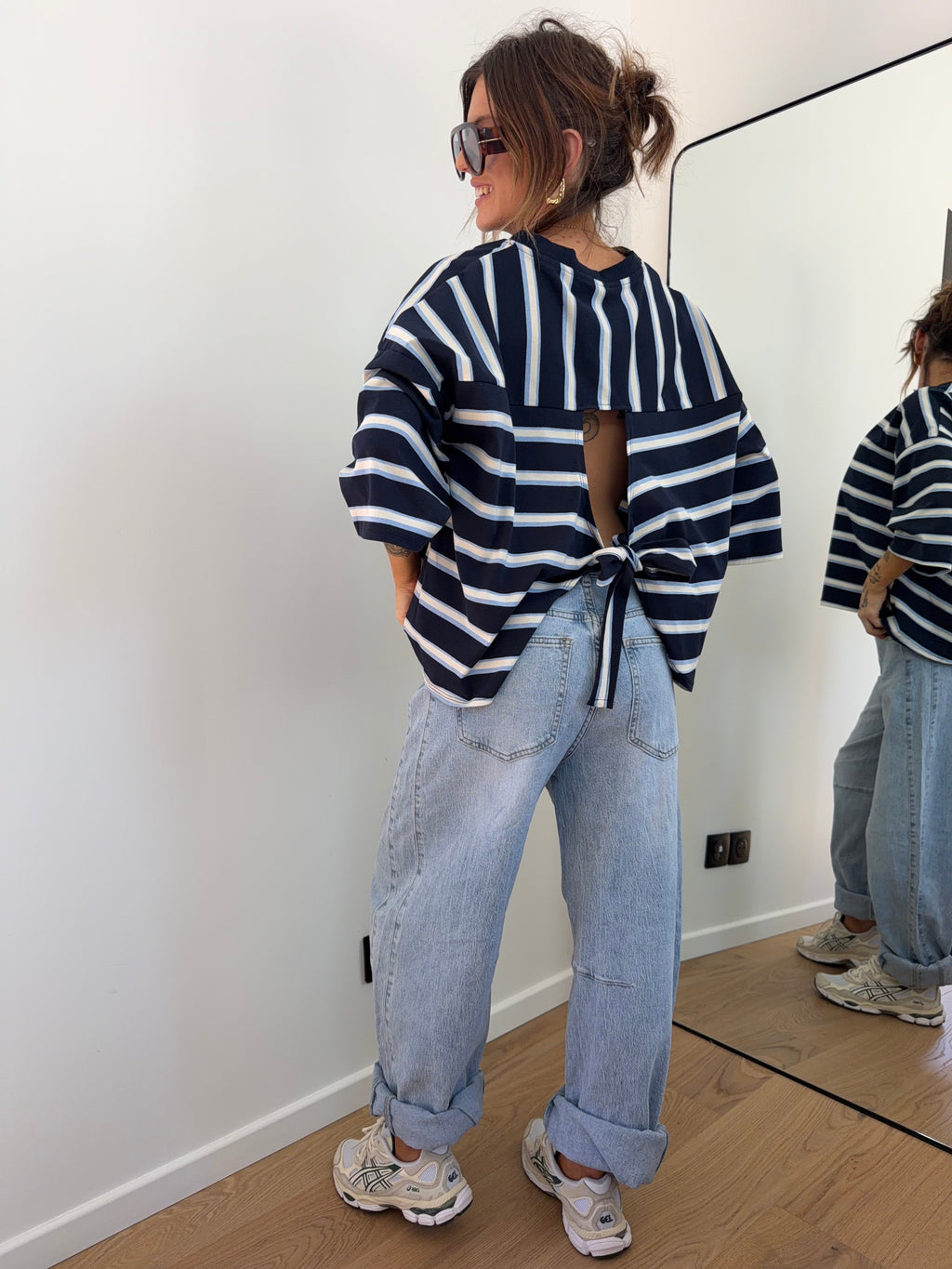 T-shirt rayé avec noeud - bleu marine