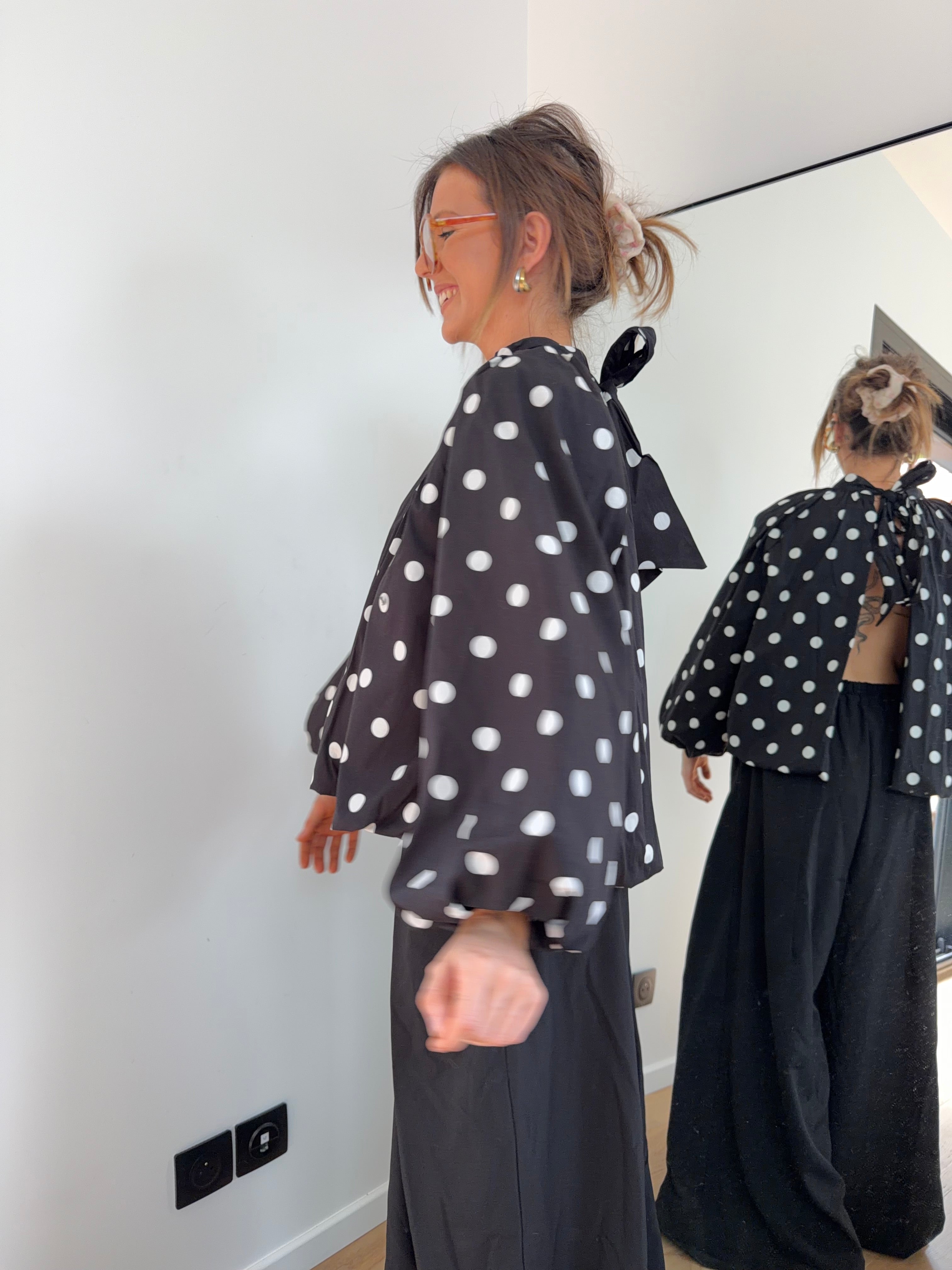 Blouse dos nu à pois - noire