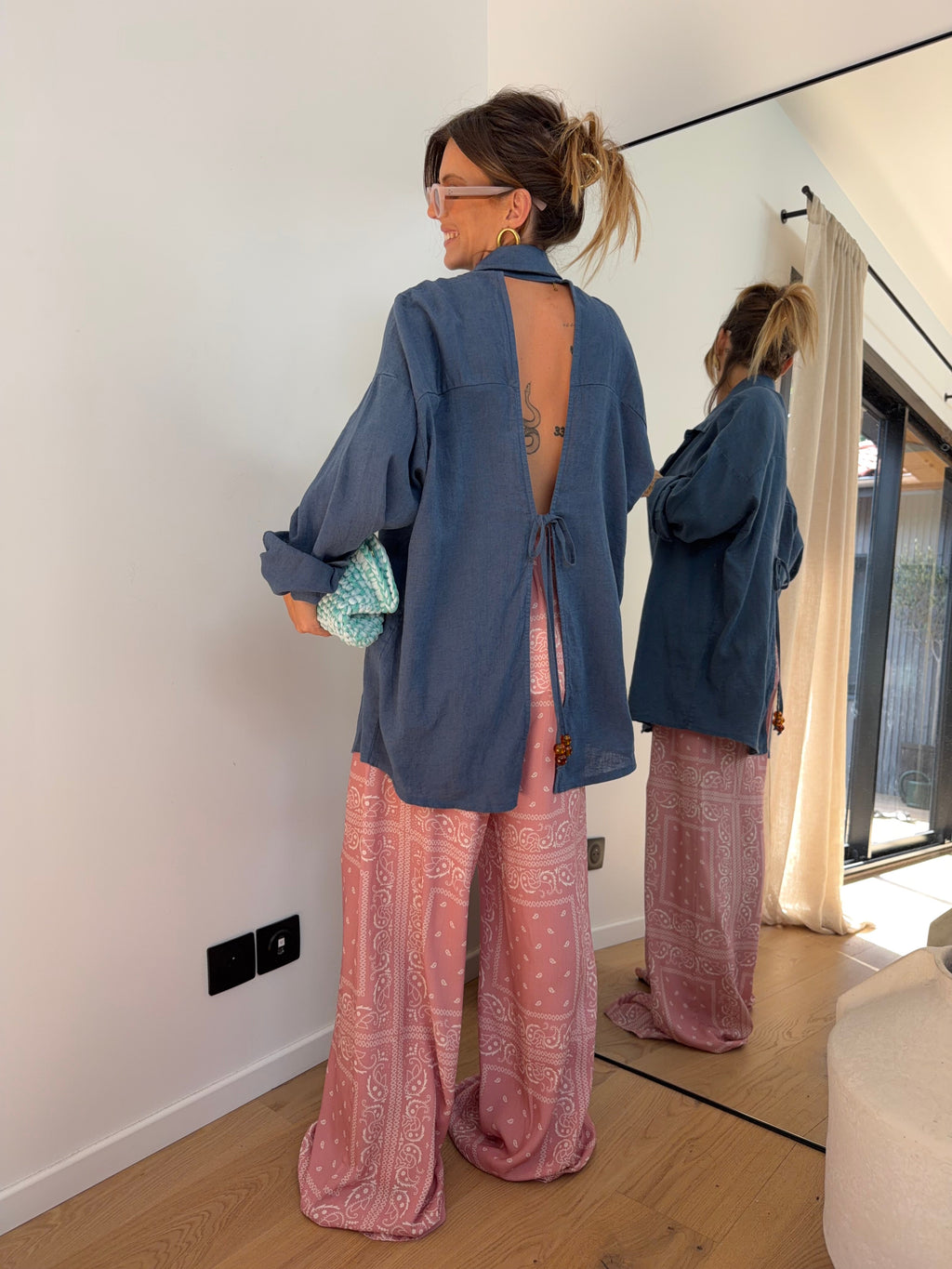 Chemise dos nu en lin - bleue