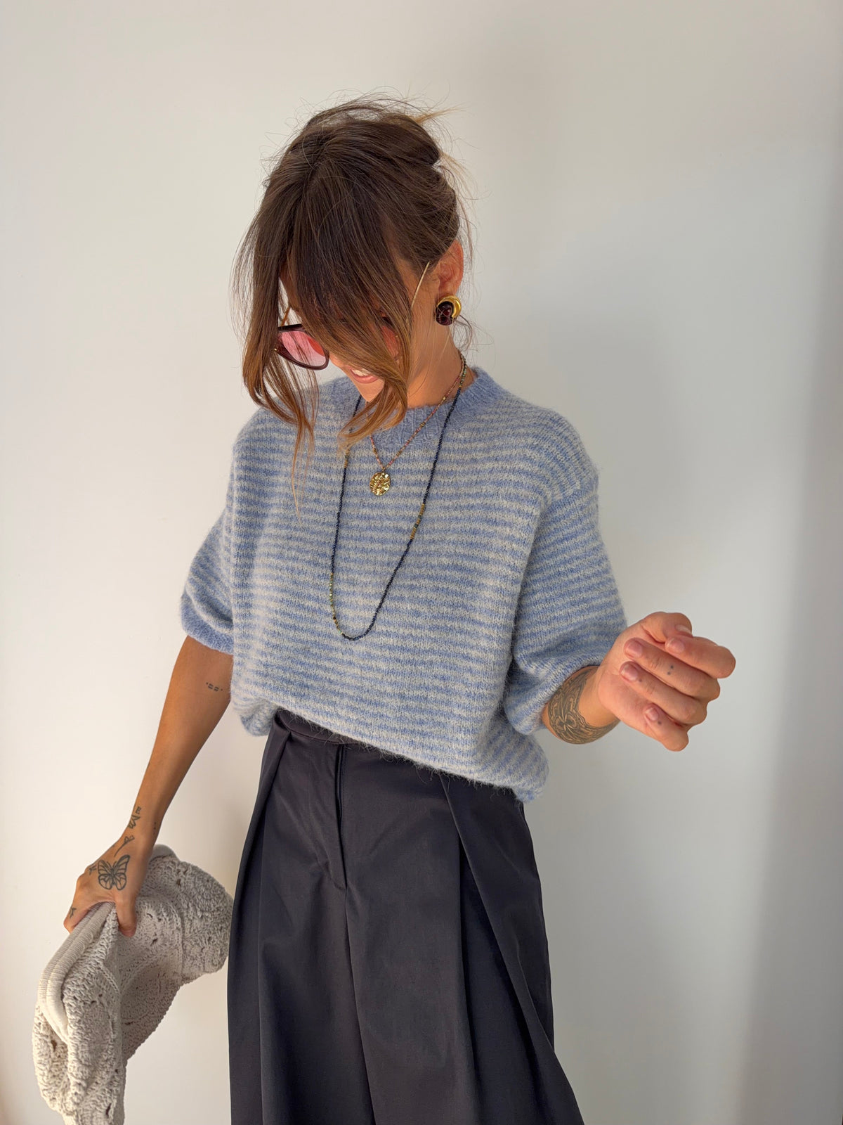 Pull manches 3/4 rayé - bleu clair