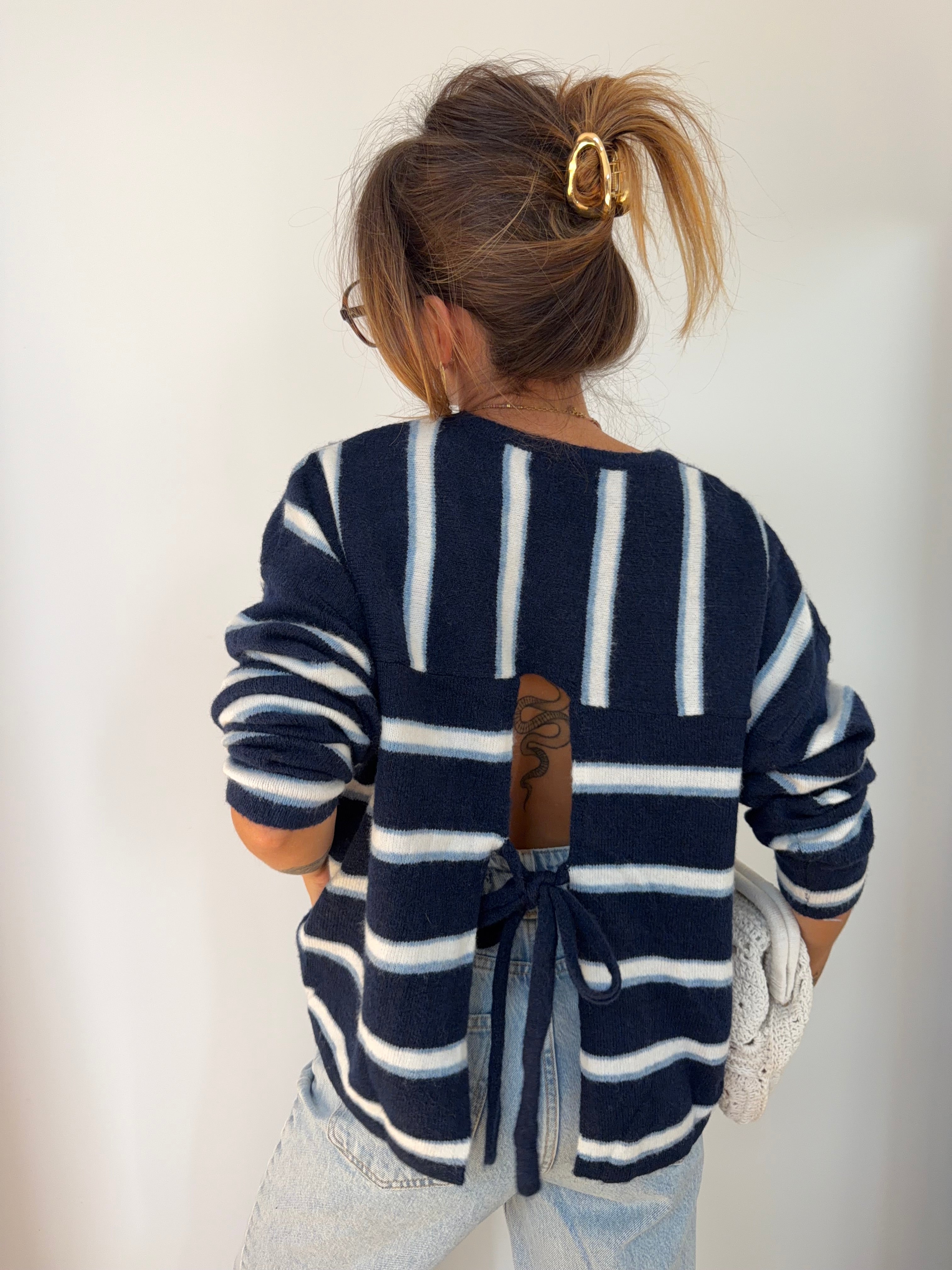 Pull rayé avec noeud - bleu