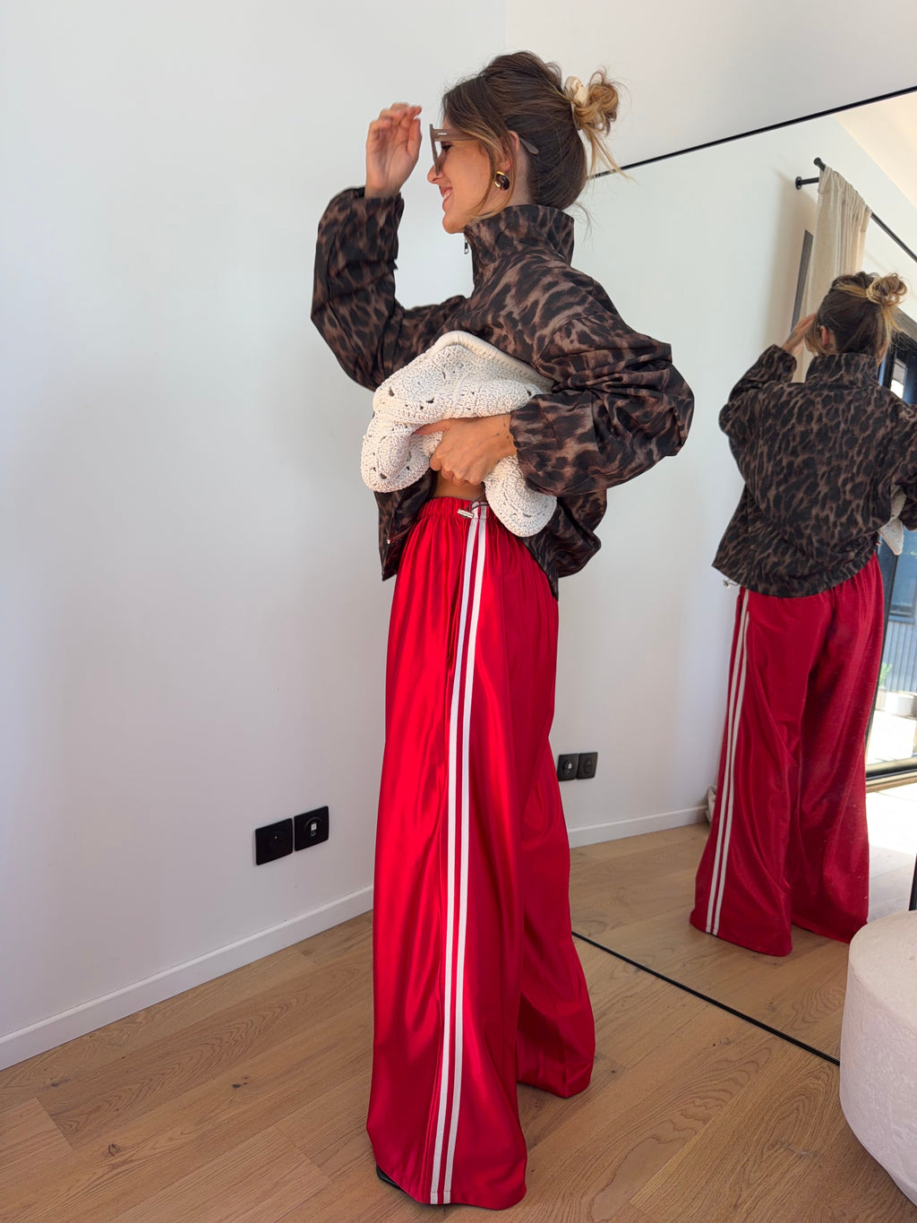 Pantalon métallisé à bandes - rouge