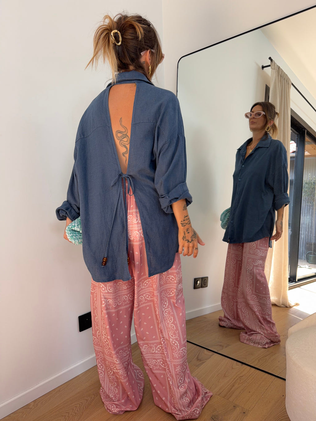 Chemise dos nu en lin - bleue