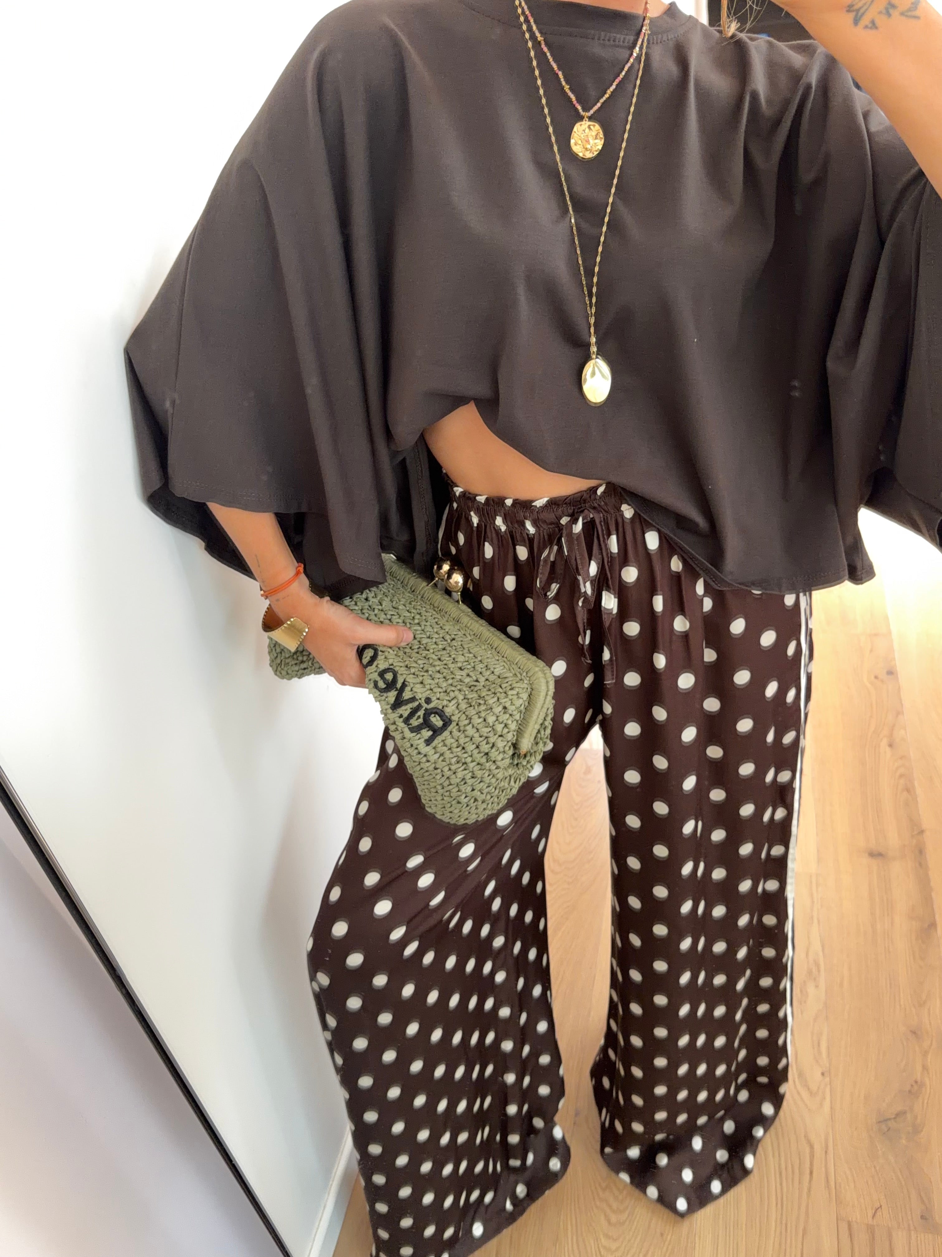 Pantalon en soie fluide à pois - chocolat