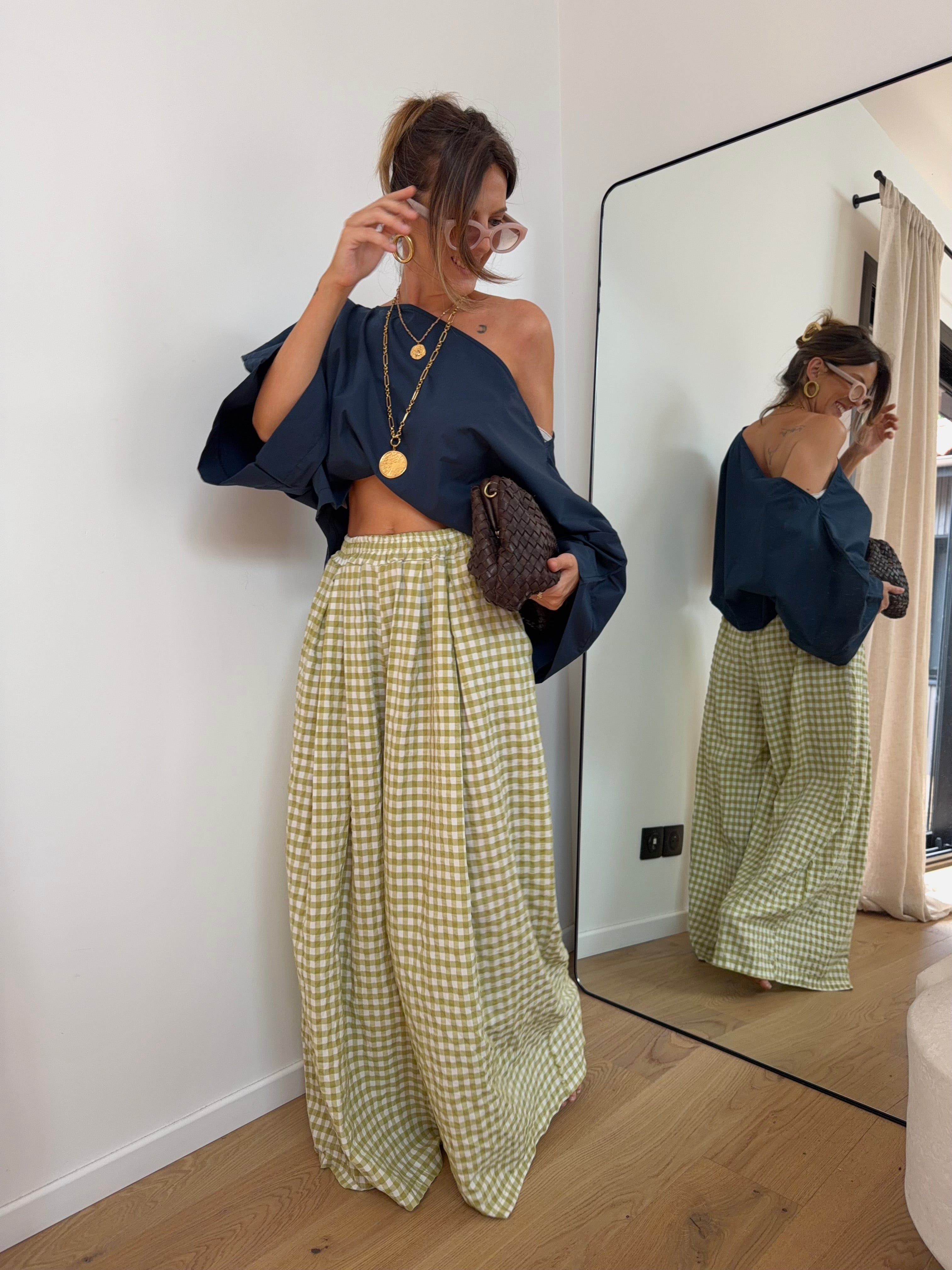 Pantalon large à carreaux - vert anis