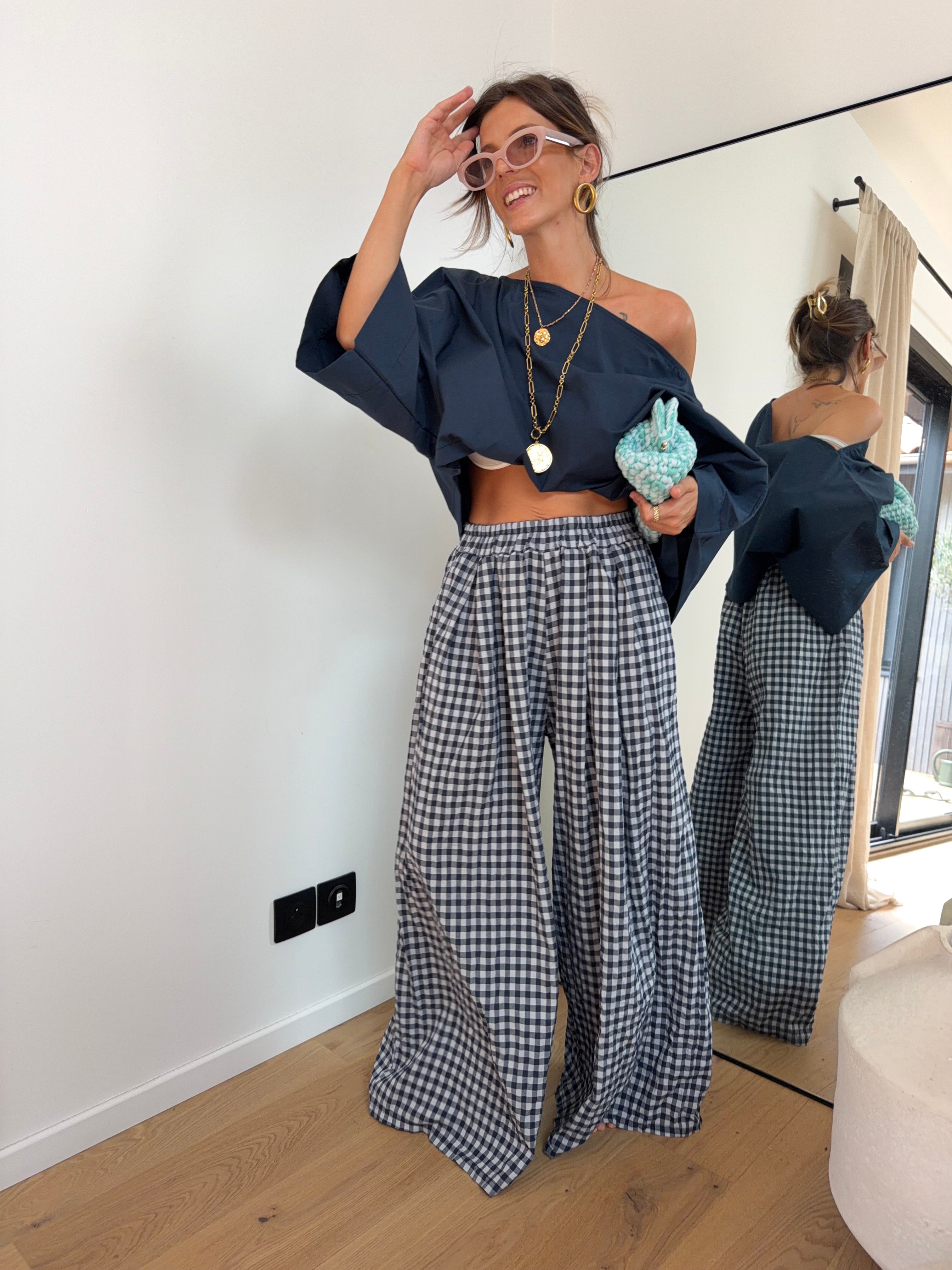 Pantalon large à carreaux - bleu marine