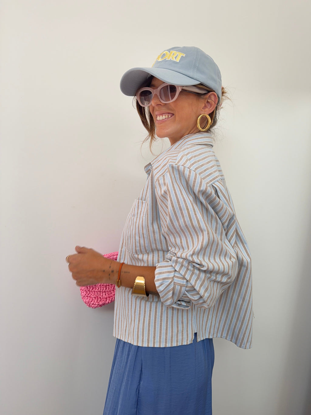 Chemise courte rayée - bleue