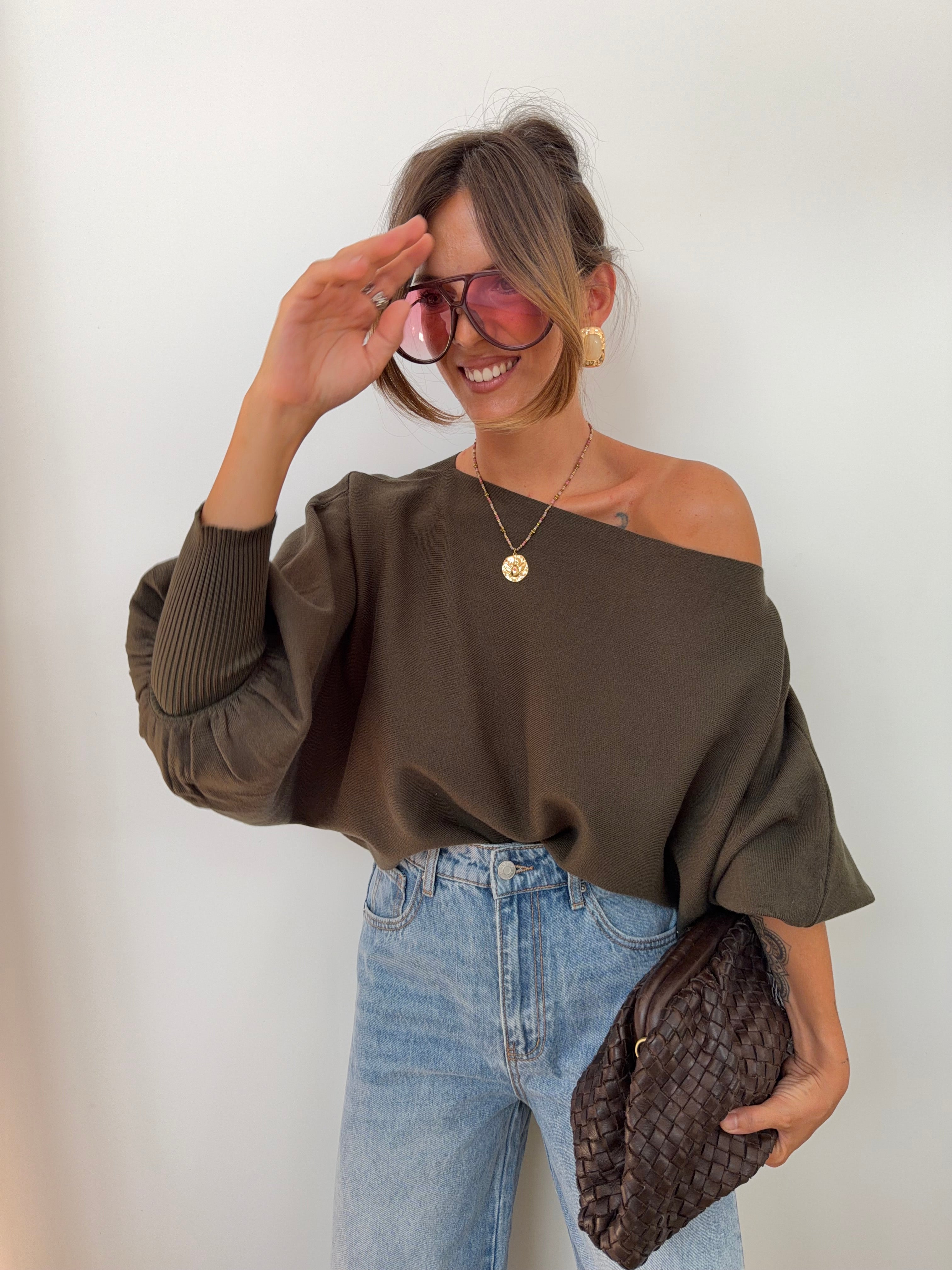 Pull asymétrique court - kaki