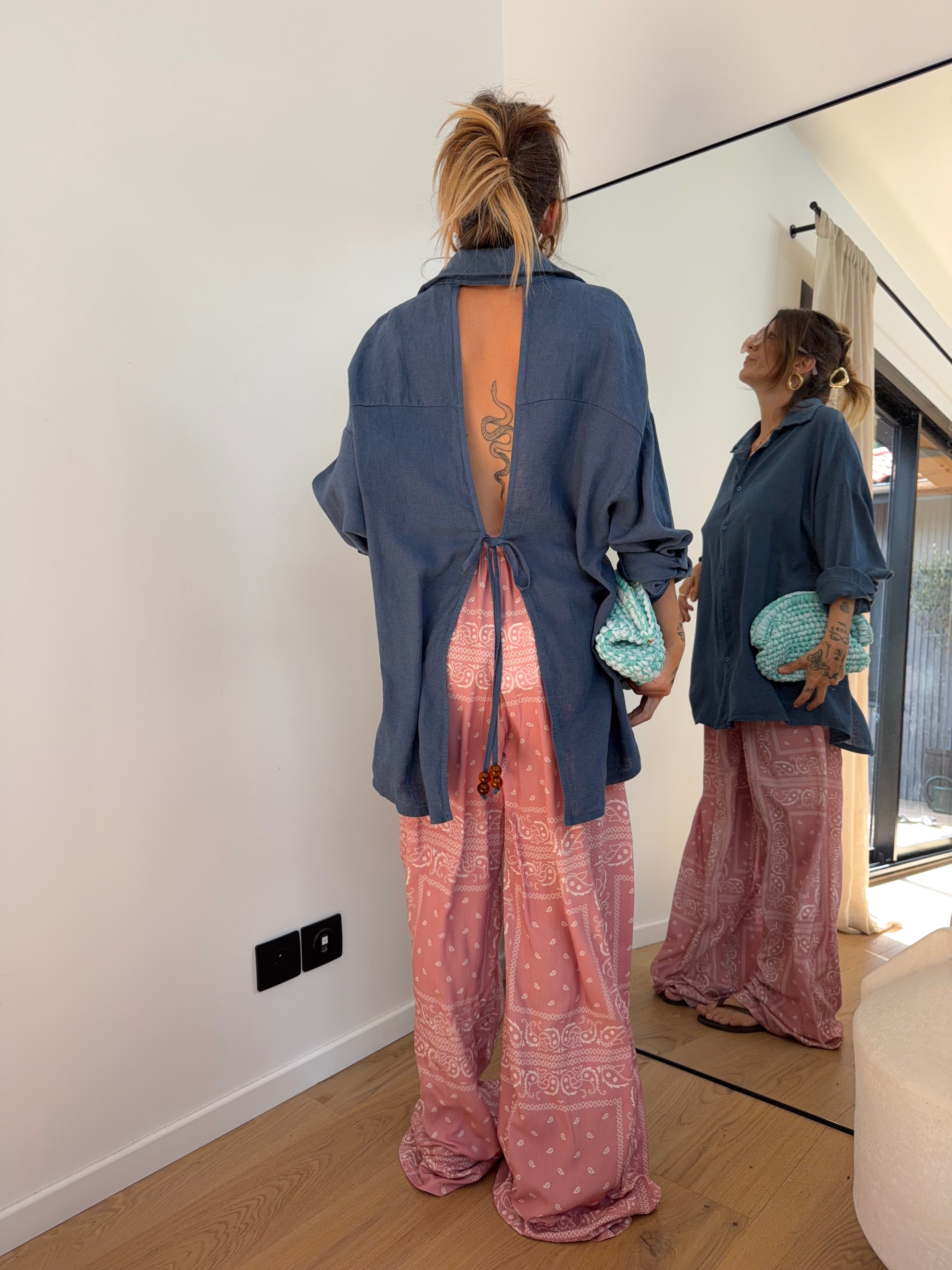 Chemise dos nu en lin - bleue