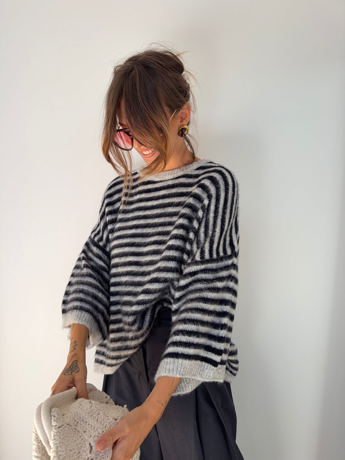 Pull manches 3/4 rayé - bleu marine