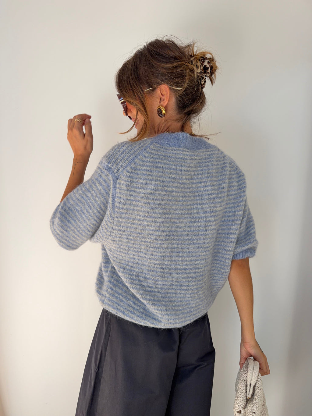 Pull manches 3/4 rayé - bleu clair