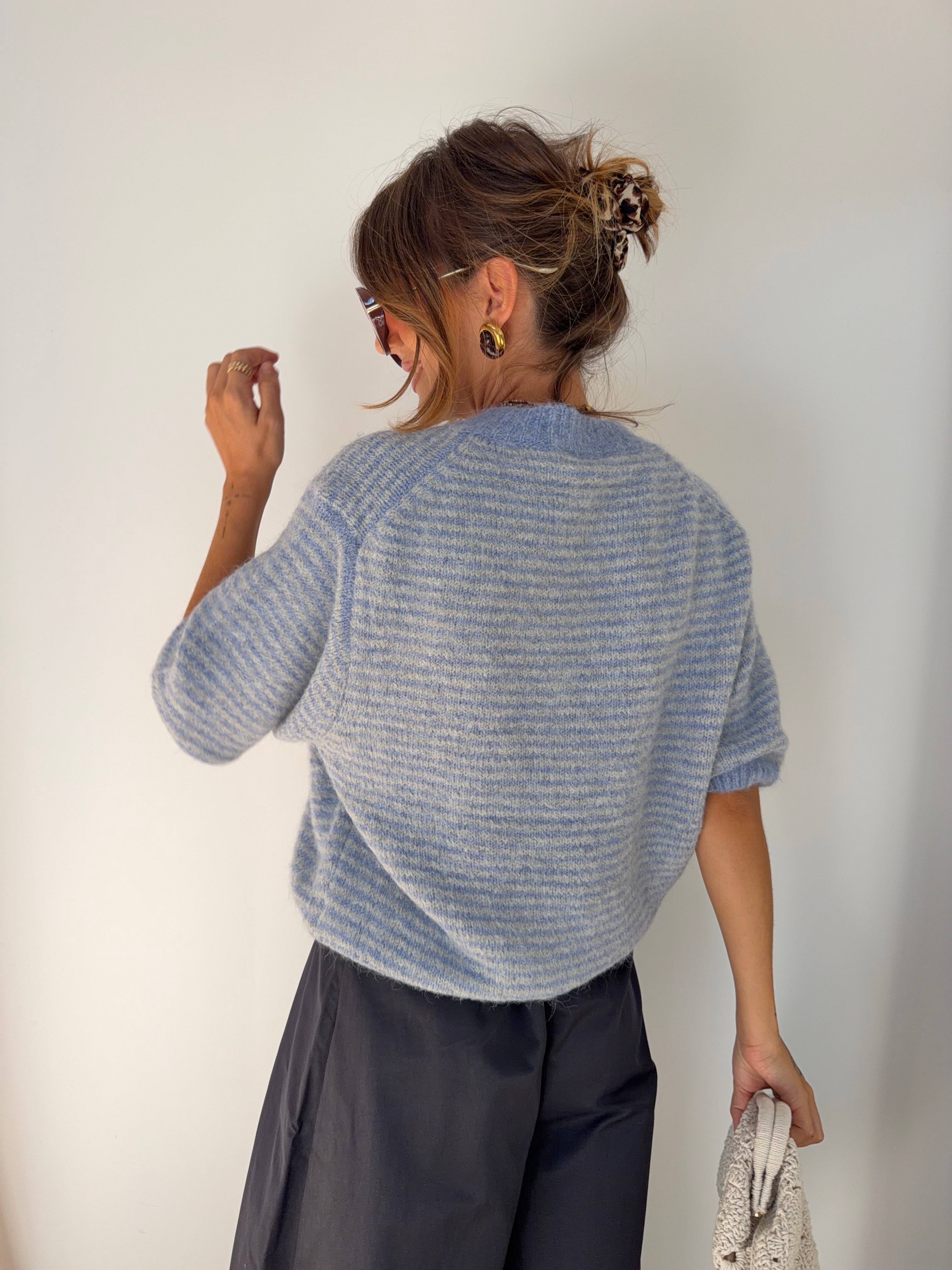 Pull manches 3/4 rayé - bleu clair