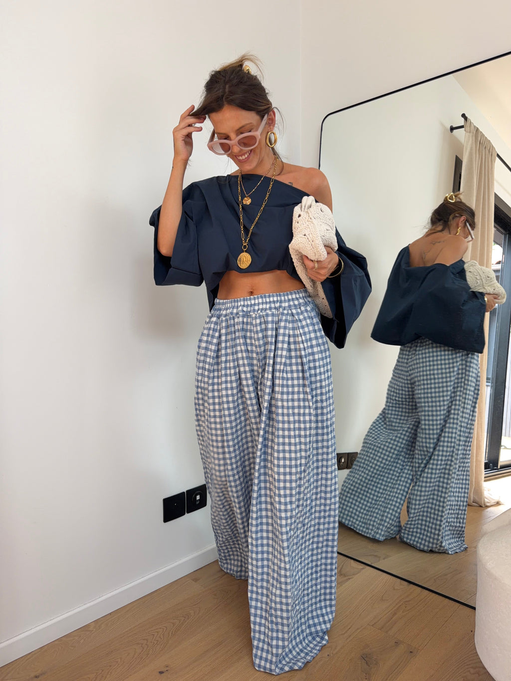 Pantalon large à carreaux - bleu clair