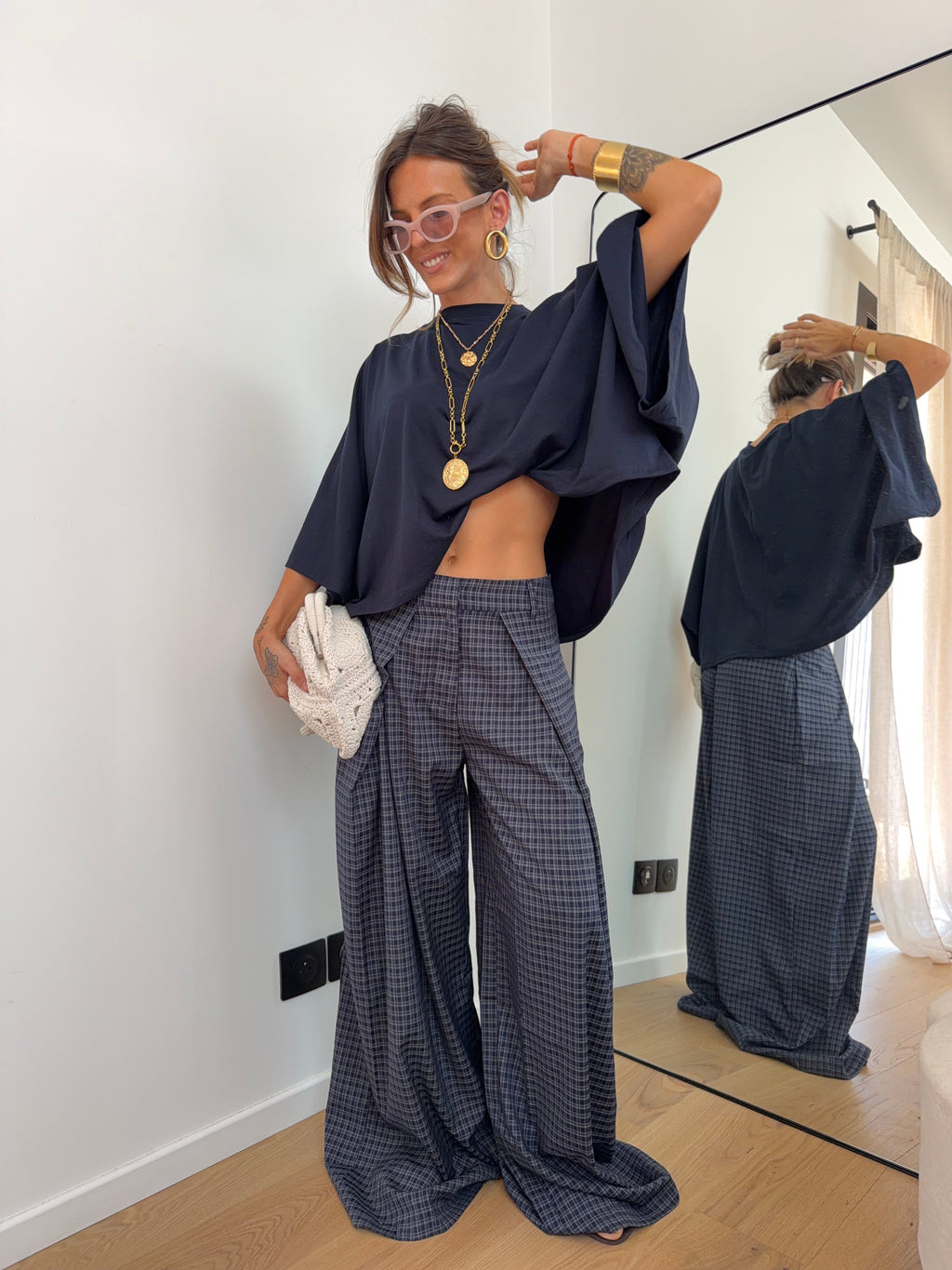 Pantalon large à carreaux - bleu marine et gris