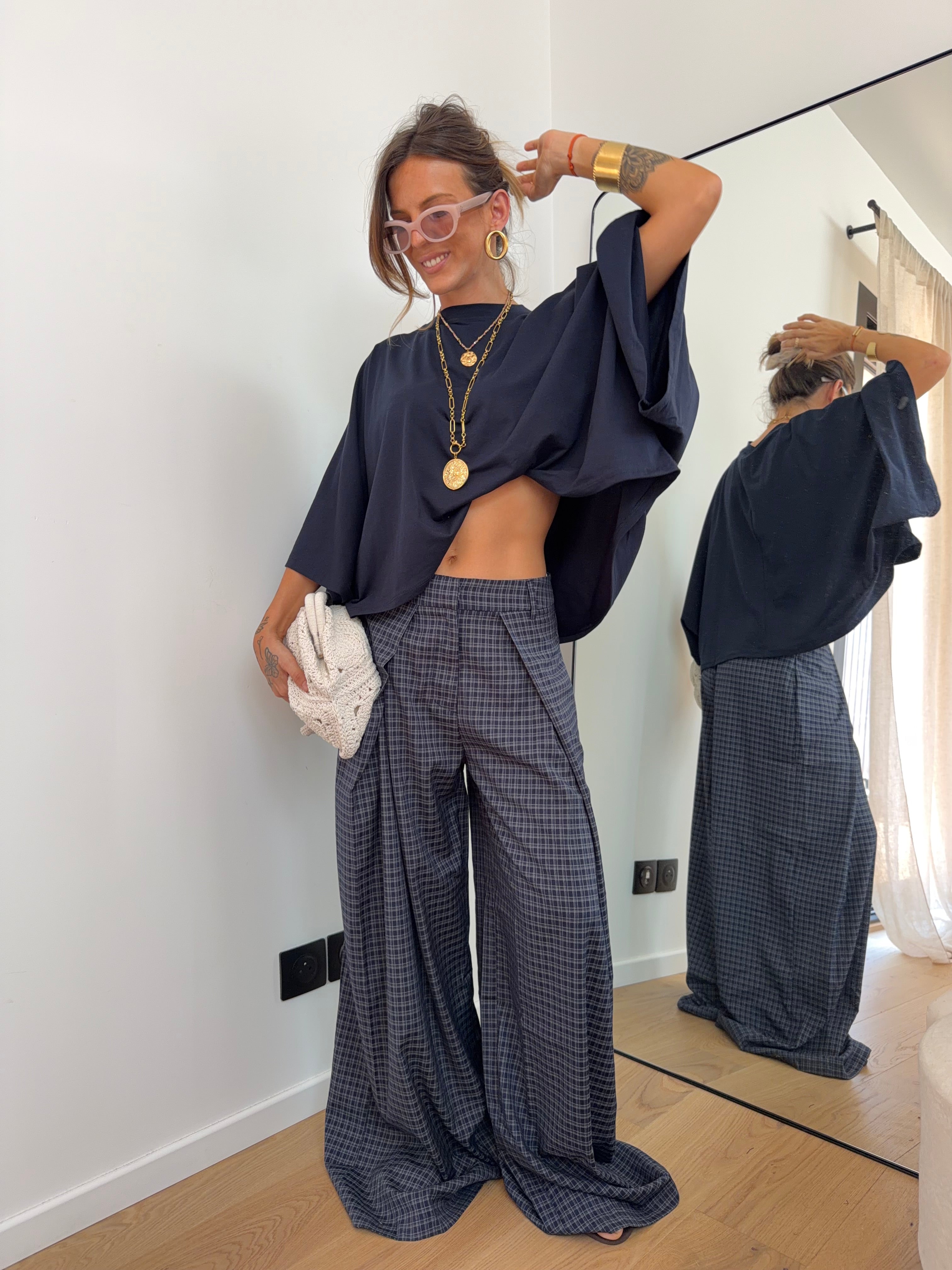 Pantalon large à carreaux - bleu marine et gris