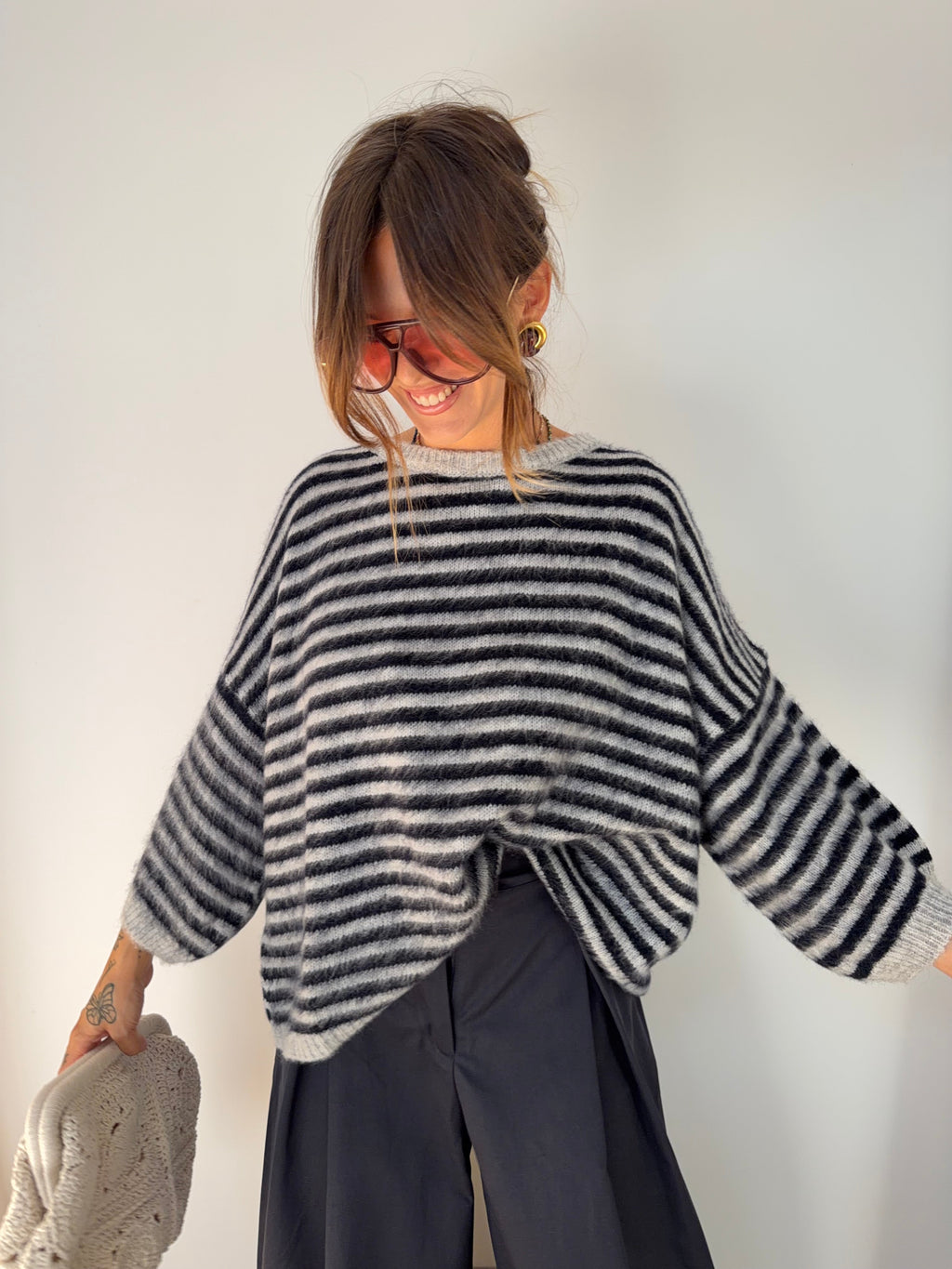 Pull manches 3/4 rayé - bleu marine