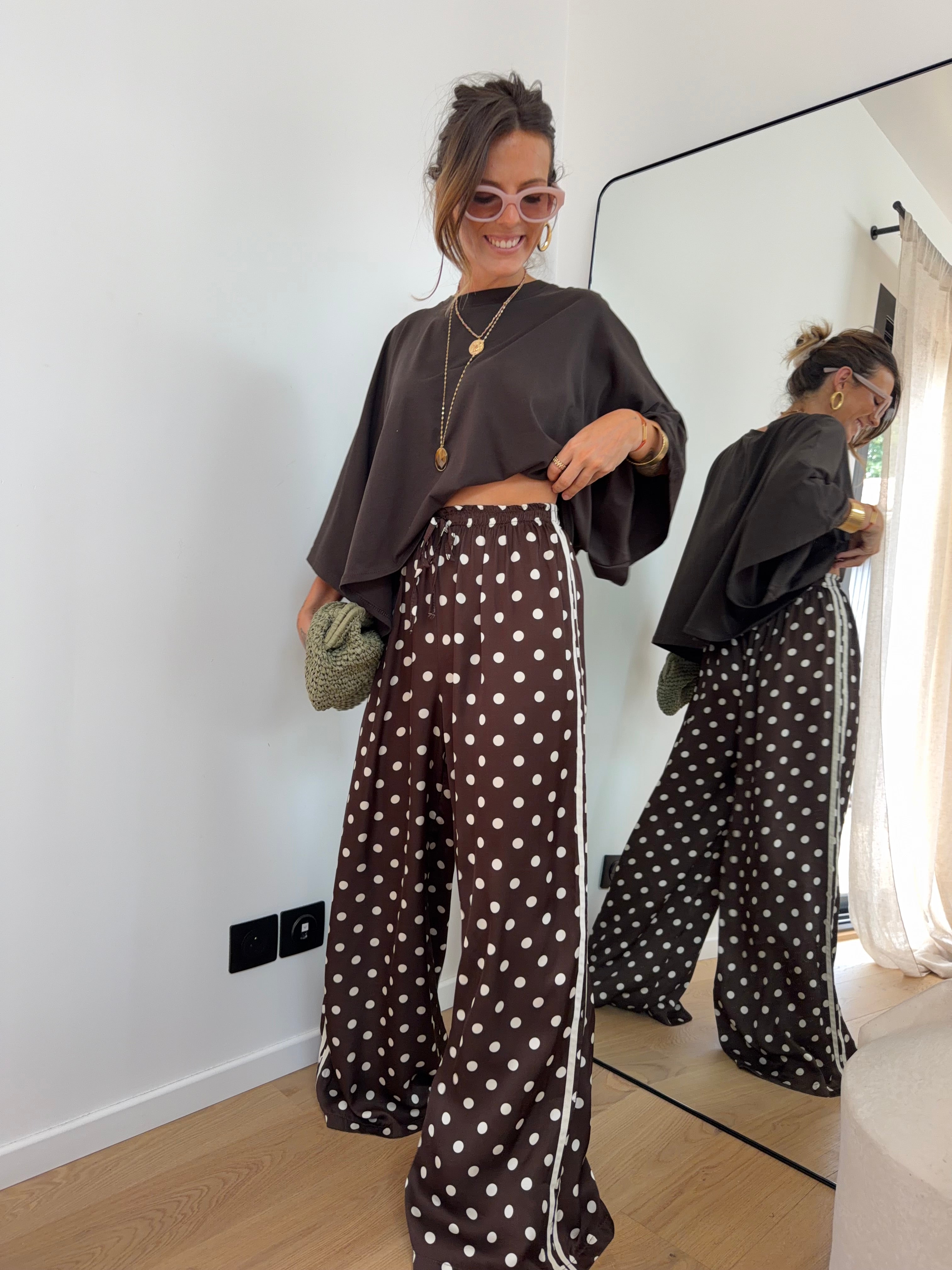 Pantalon en soie fluide à pois - chocolat