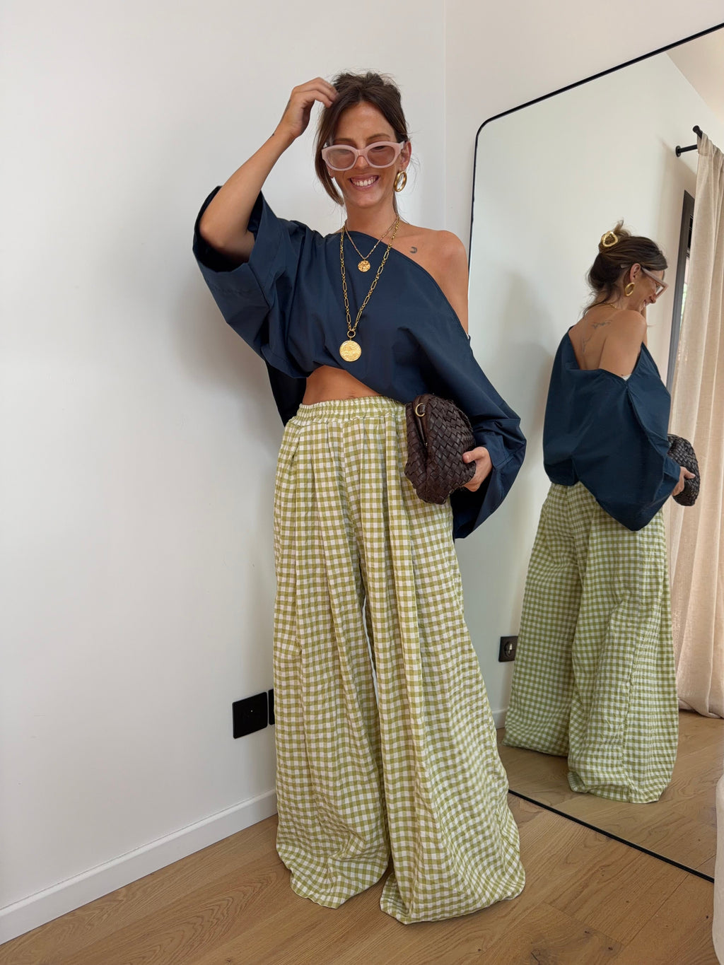 Pantalon large à carreaux - vert anis