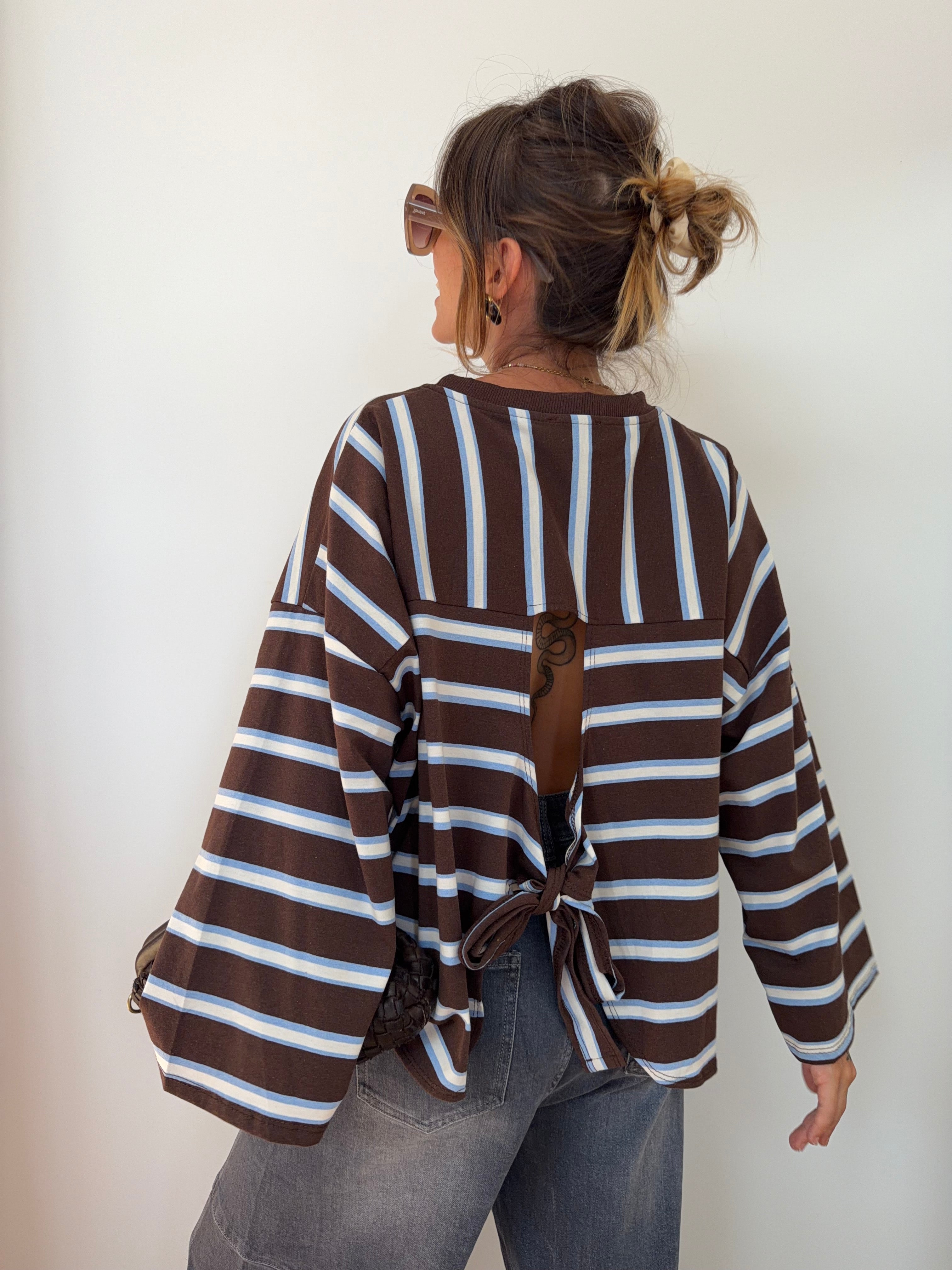 T-shirt manches longue avec noeud rayé - chocolat