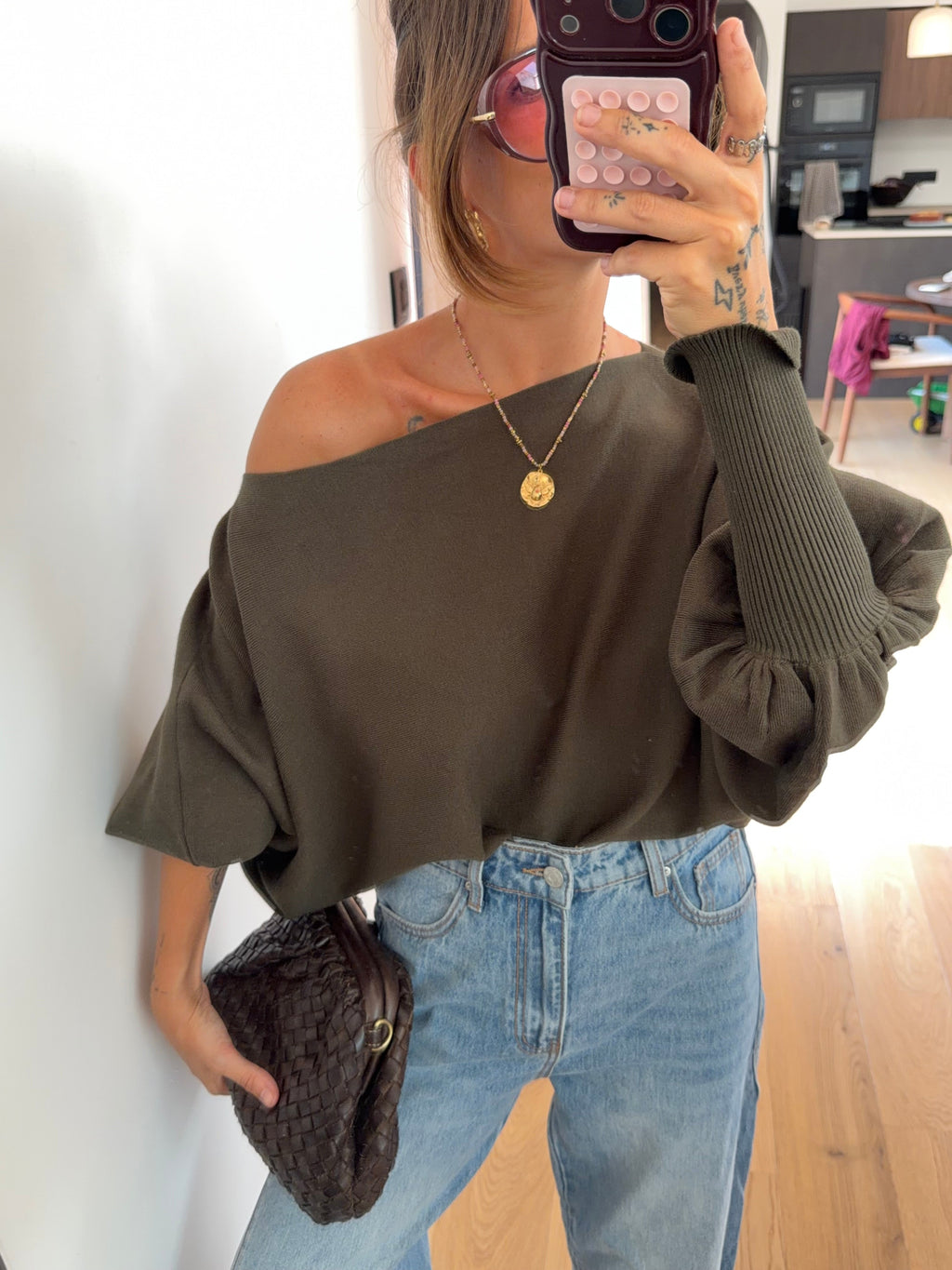 Pull asymétrique court - kaki