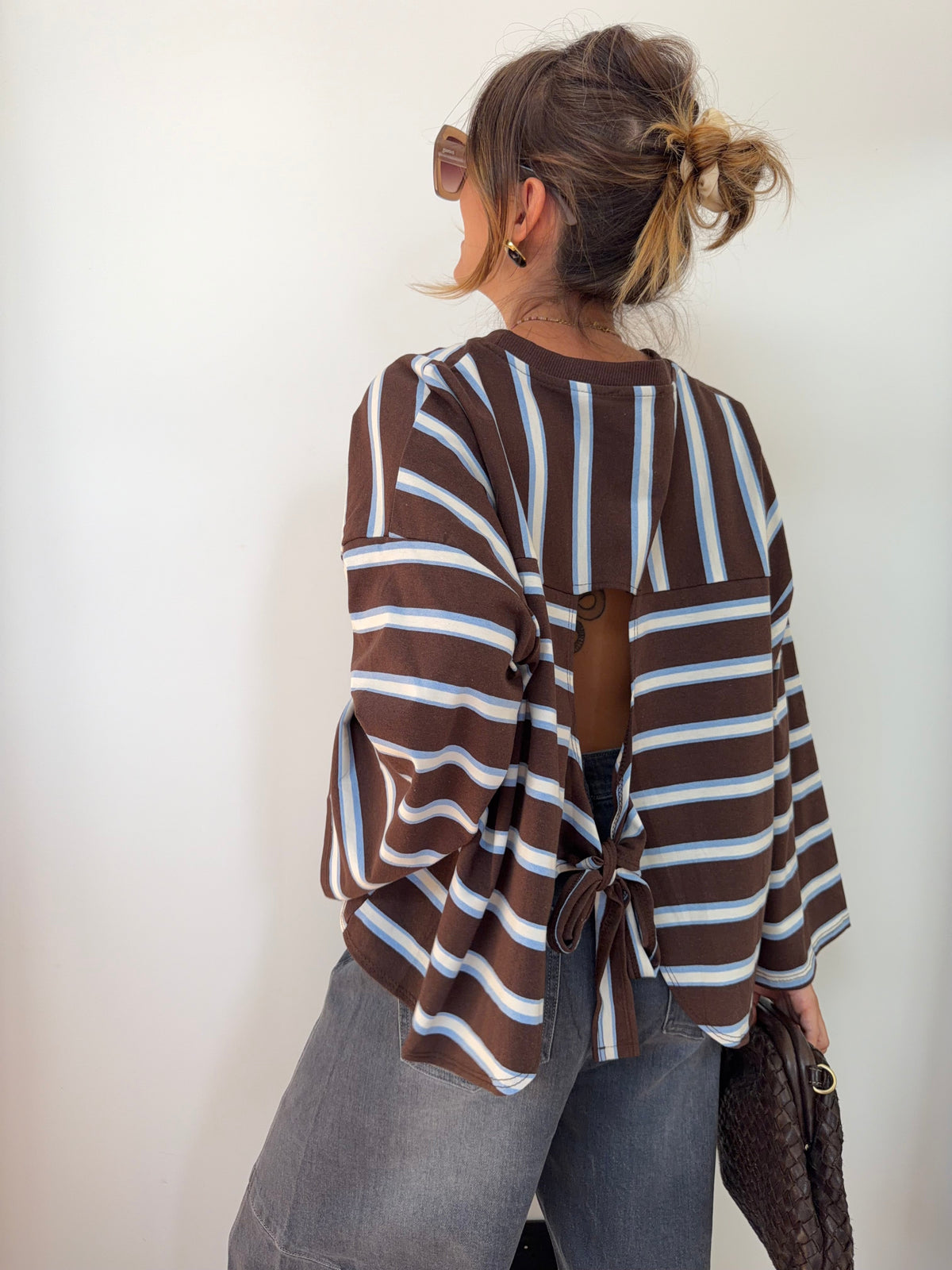 T-shirt manches longue avec noeud rayé - chocolat