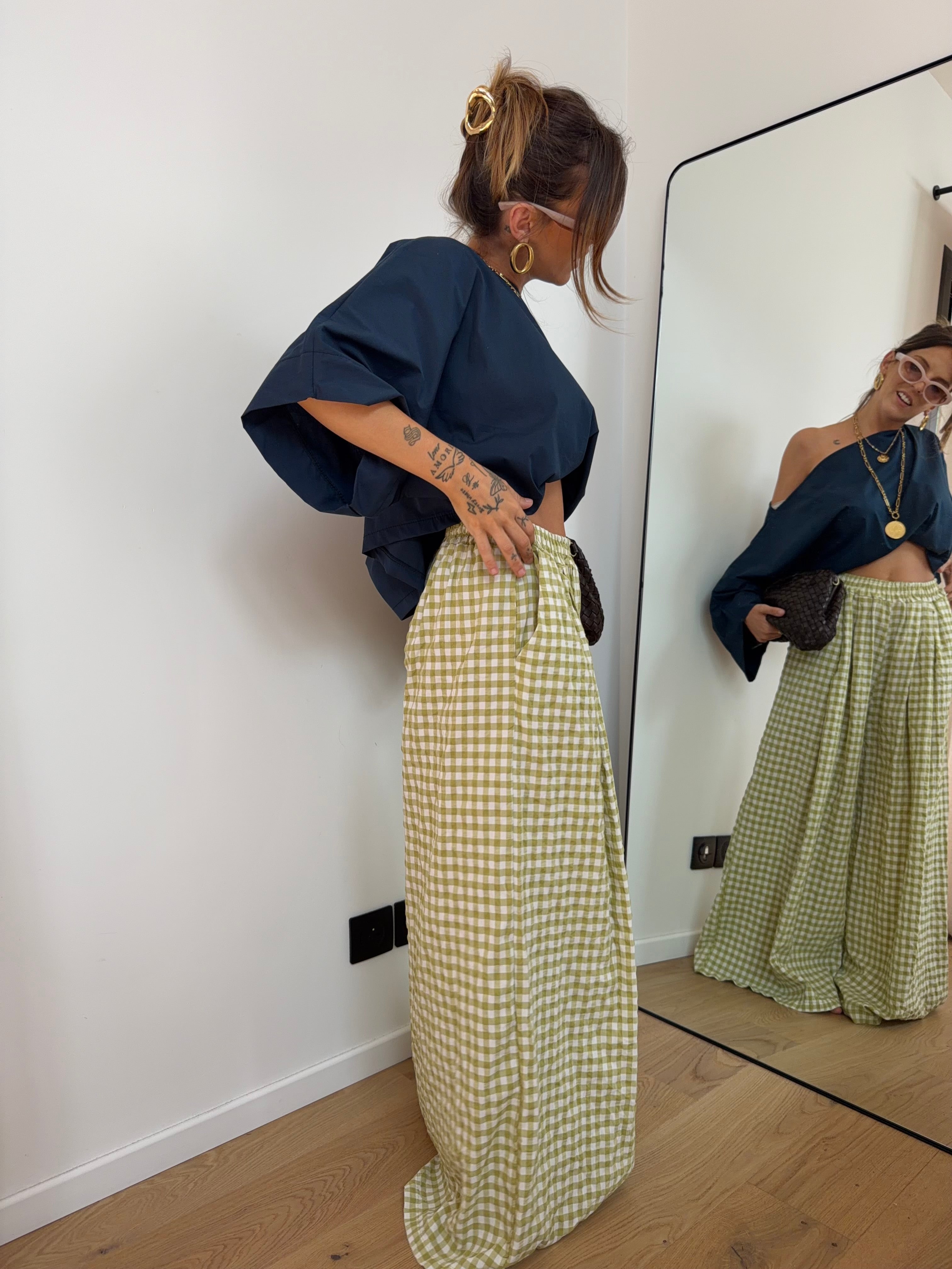 Pantalon large à carreaux - vert anis