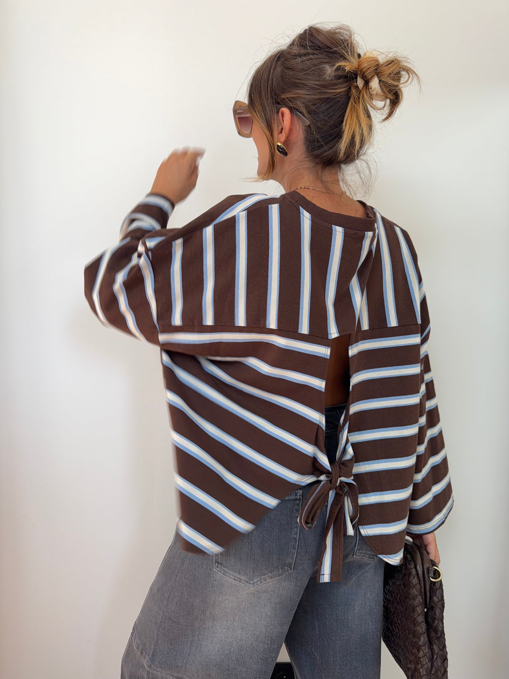 T-shirt manches longue avec noeud rayé - chocolat