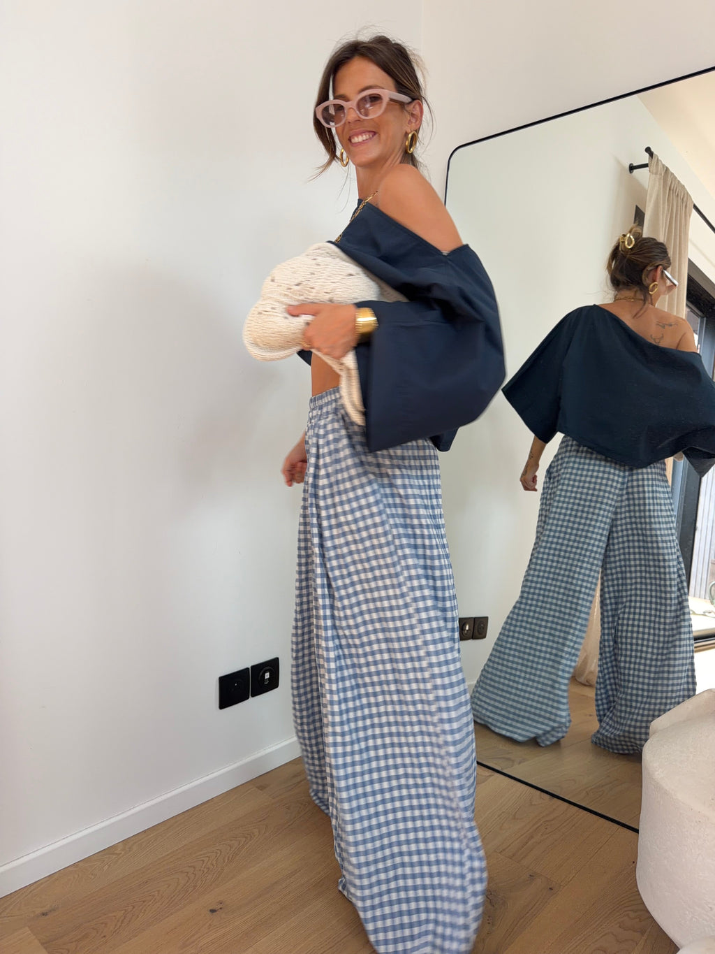 Pantalon large à carreaux - bleu clair