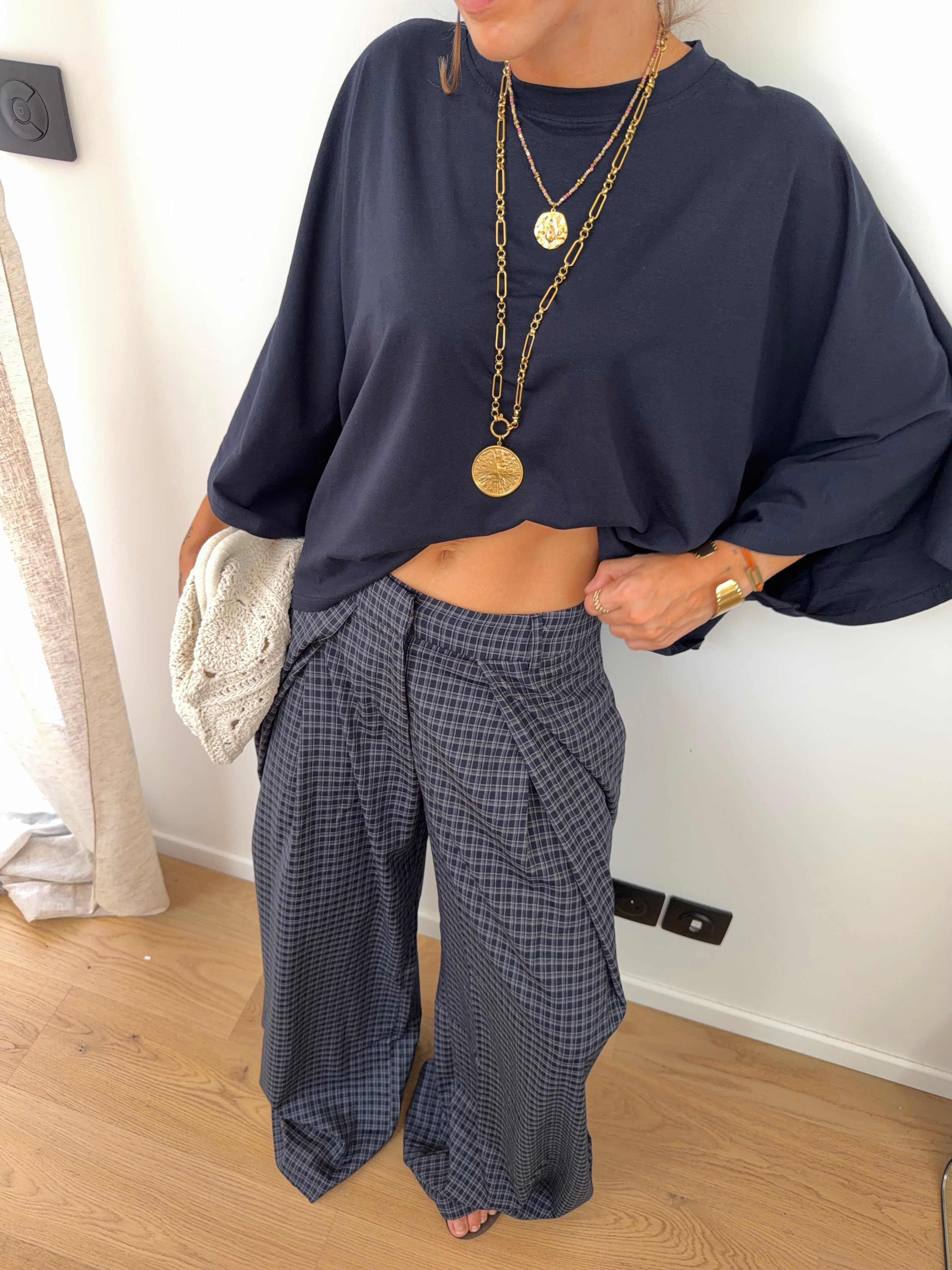 Pantalon large à carreaux - bleu marine et gris